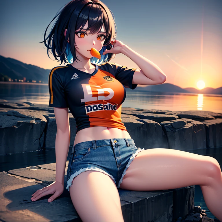 Denim shorts , football shirt , beautiful , 1 woman is eating an orange, lake, sits , sun , 8K best graphics best details,