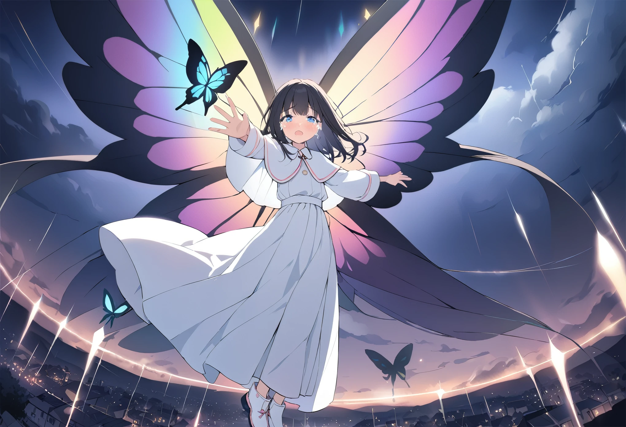 best quality, masterpiece, ultra resolution, super details, anatomically correct, 1 girl, solo, junior child, (black hair:1.2), high quality eyes, high quality hands, (clear deep blue eyes:1.3), medium hair, loose hair, no hair ornaments, (white dress with pink boader), (white caplet:1.3), (large collar bow:1.3), (long sleeves), (wide cuffs:1.3), pink obi, (long skirt:1.6), (white soft ankle boots:1.2), (huge swallowtail butterfly wings:1.3), (wings of colorful light:1.3), spreading wings, (levitating:1.2), legs together, flying in the storm, looking at the viewer, tears, (calling out:1.2), (one hand reaching out:1.3), above a town, high quality background, depth of field