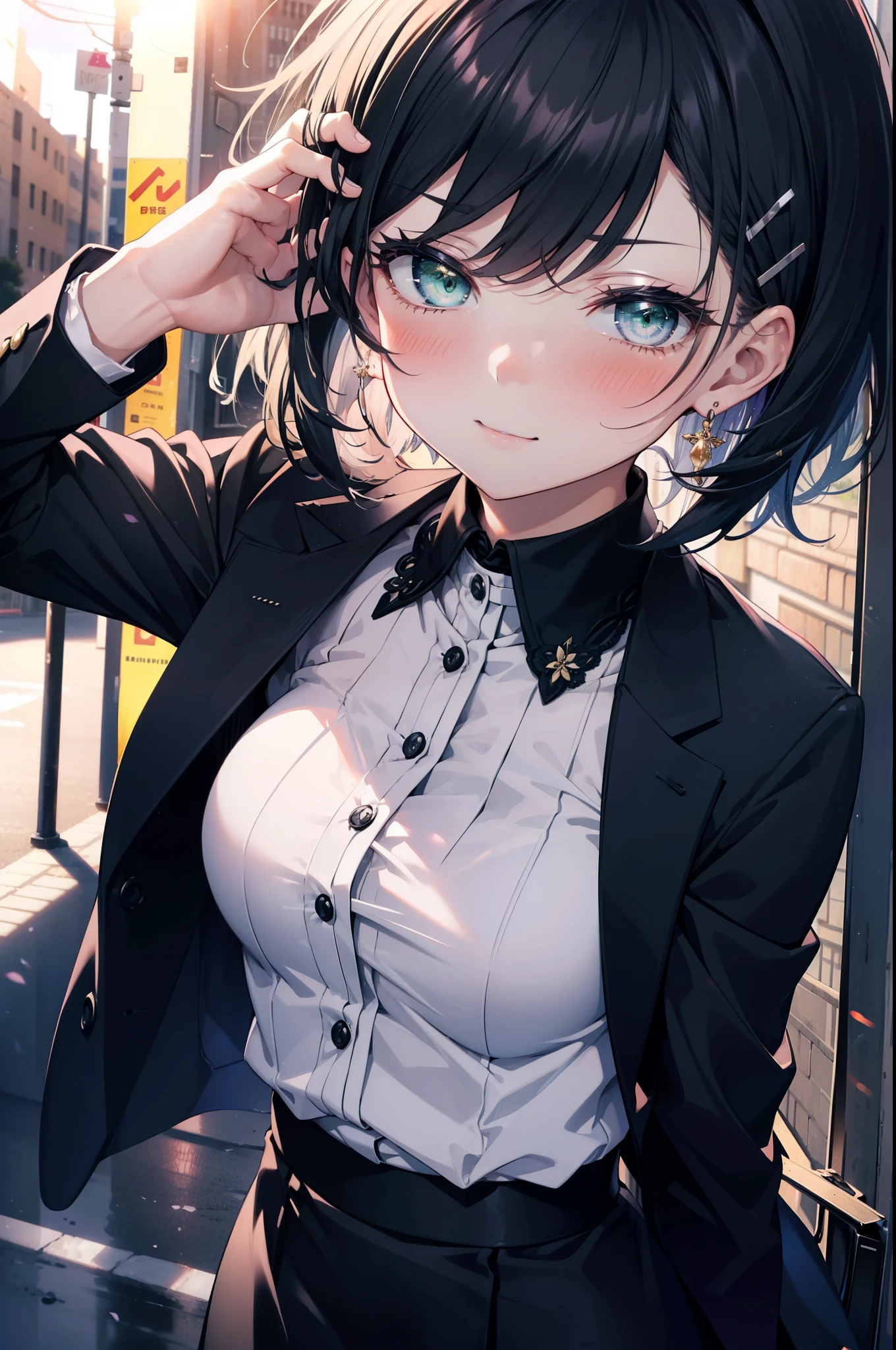 Suguhakirigaya, Suguhakirigaya, (Green Eyes:1.2), hair ornaments, Hair Clip, short hair, Black Hair,smile,blush,happy smile, smile, Open your mouth,OL, Black suit jacket, Collared jacket, White dress shirt, Collared shirt, Neckline, button, Black pencil skirt, Black pantyhose,Stiletto heels,Sunset,evening,The sun is setting,walking,whole bodyがイラストに入るように,
break outdoors, city,construction area,crowd, people々々々,
break looking at viewer, whole body,
break (masterpiece:1.2), highest quality, High resolution, unity 8k wallpaper, (shape:0.8), (Beautiful details:1.6), Highly detailed face, Perfect lighting, Highly detailed CG, (Perfect hands, Perfect Anatomy),