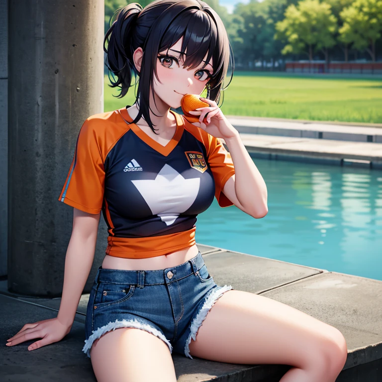 Denim shorts , football shirt , beautiful , 1 woman is eating an orange, lake,  sits , sun , 8K best graphics best details,