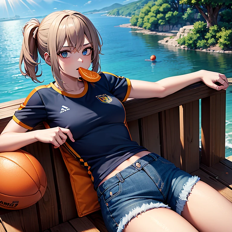 Denim shorts , football shirt , beautiful , 1 woman is eating an orange, lake,  sits , sun , 8K best graphics best details,