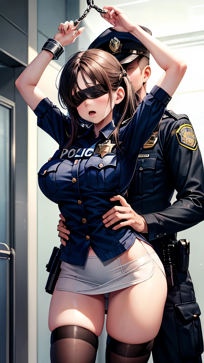 highest quality,masterpiece,8k,((1girl,1man:1.3)),(((((()))))),((big breasts:1.3)),blush, sweat,black hair,long hair,((policewoman:1.3)),mini skirt,lift skirt,upskirt,white panties,black thighhighs,open legs,((tied wrist, handcuffs, arms up, blindfold:1.1)),A man touches a girl's chest,A man grabs a girl's chest,grabbing breasts from behind