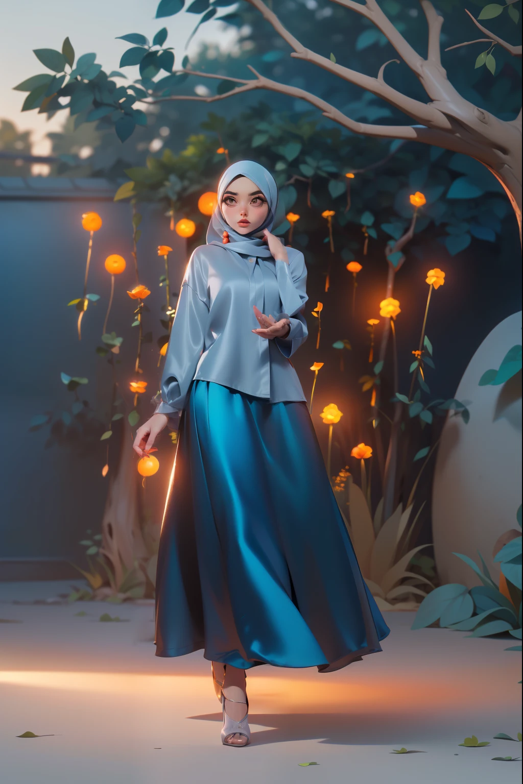 3DMM, ((Masterpiece, best quality, photography, detailed skin, realistic, photo-realistic, 8k, highly detailed, full length frame, High detail RAW color art, diffused soft lighting, shallow depth of field, sharp focus, hyperrealism, cinematic lighting, hijab, a woman in a beautifully makeup, eyeshadow, beautiful big eyes, ((Brown eyes)), long eye lashes, wearing (Dark blue satin hijab), loosely tide hijab style, ((gray satin shirt)), satin long maxi skirt, dancing under tree, garden, orange teal colour grading