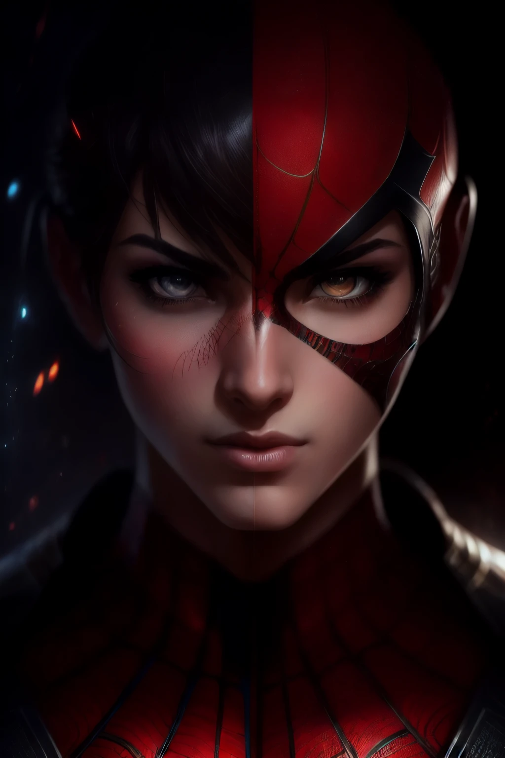 (Award Winning Digital Artwork:1.3) of (Sketch:1.3),(Energetic:1.3) Spidey, EmmaRob,CGSociety,ArtStation,(Saturated:1.3),(close portrait:1.3),(Feminine:1.4),(beautiful:1.4),(attractive:1.3),handsome,calendar pose,perfectly detailed eyes,studio lighting,thematic background