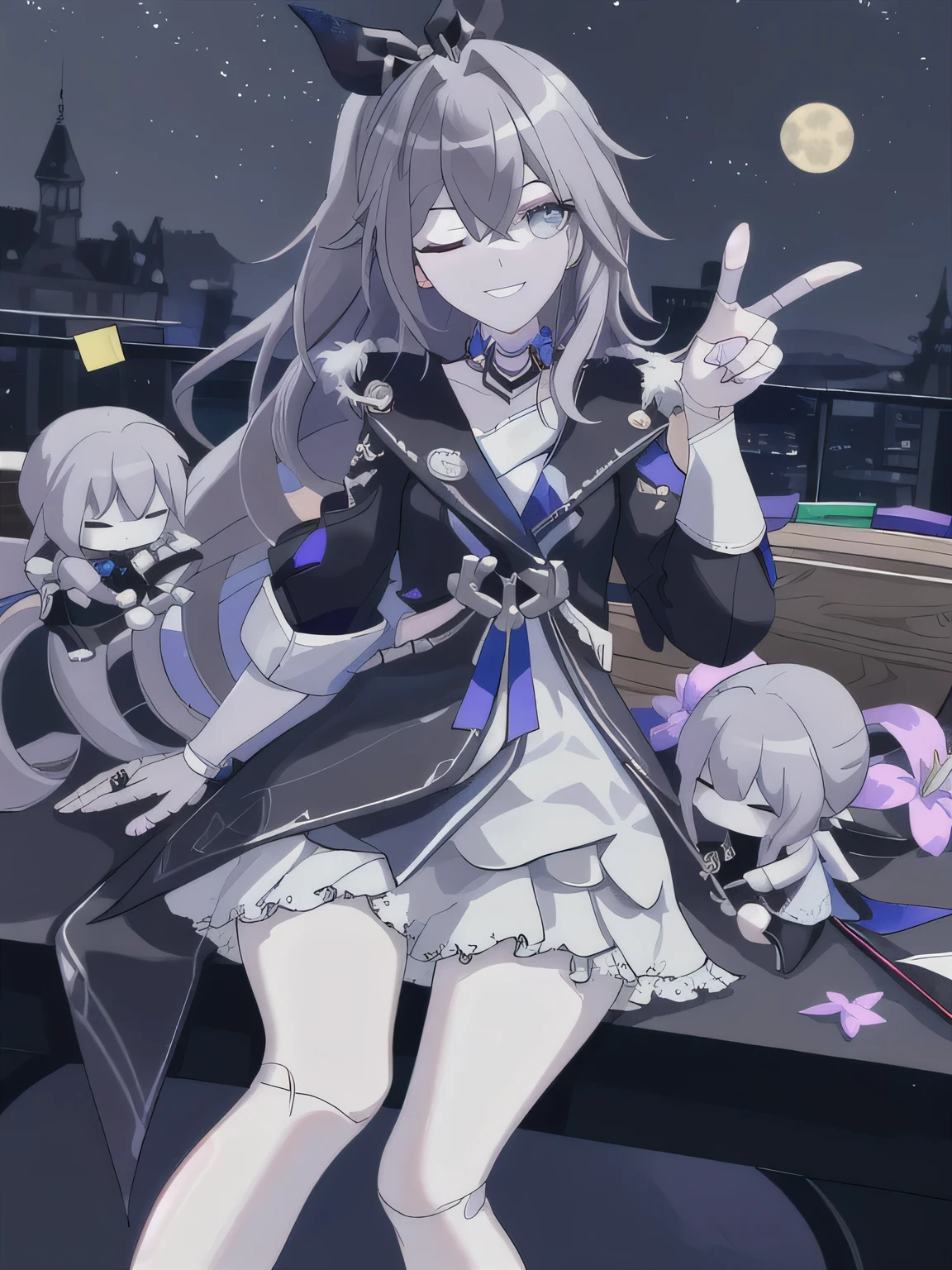 Ultra HD, Retina, masterpiece, precise, Anatomically correct, Super Detail, High Detail, high quality, Award-winning, best quality, high resolution, Good anatomy, 1080P, HD, 4K, 8k, 16k，The only person，night, moon, cityscape,  against wall, sitting on, beautiful detailed eyes, wink , grin, one eye closed, finger_gun, leg_lift, looking at viewer, 