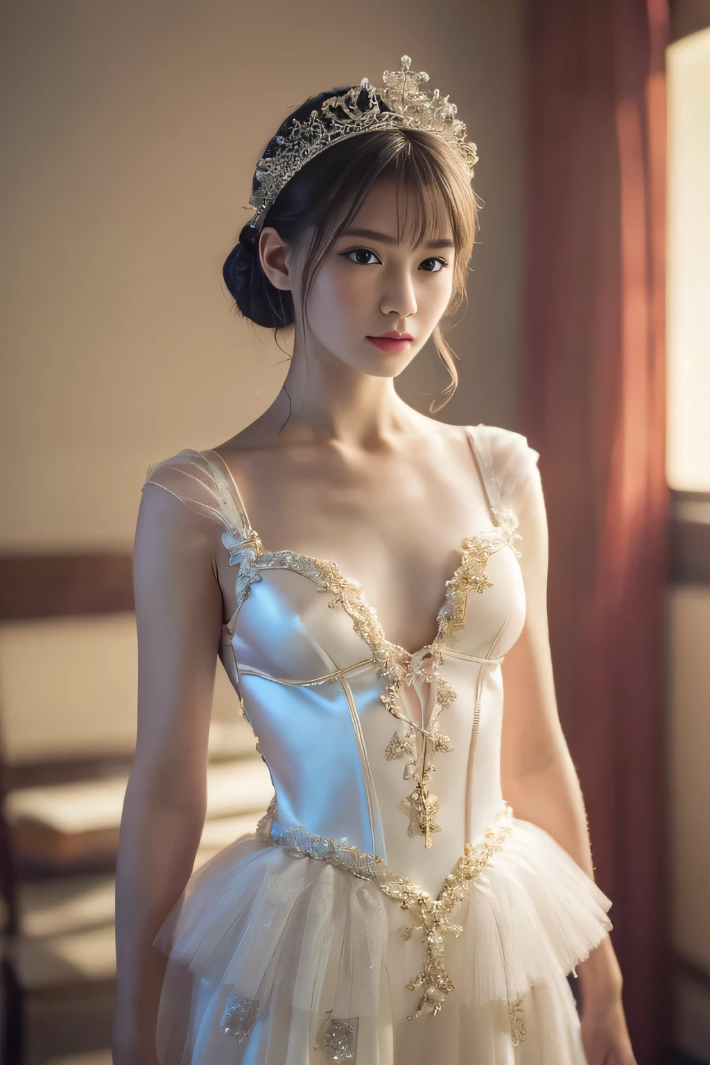 ((Tabletop:1.4, highest quality)), (Realistic photos:1.4),
((1 girl)), (Adorable Idol), (dream-like),
(超High resolution:1.2), Very delicate and beautiful, wonderful, Very detailed CG Unity 8k wallpaper, Very detailed, High resolution,
Soft Light, Beautiful detailed girl, Very detailedな目と顔, Beautiful and detailed nose, Beautiful and detailed,
(Wearing a white ballet costume, Long Skirt:1.3),
Cinema Lighting, Perfect Anatomy, Slender body,
(I'm dancing ballet:1.3), (A formal stage), (Beauty like a Degas painting),
Cowboy Shot, (Serious face)