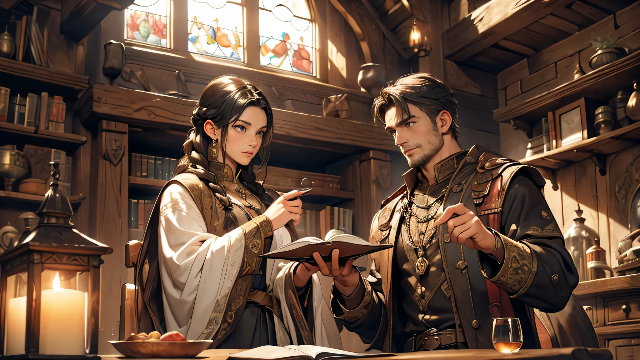 (highres,masterpiece:1.2),ultra-detailed,medieval fantasy,a girl with long black braided hair,talkative demeanor,expressive face,living room setting,adventure clothes in black,eye-catching outfit,sturdy leather boots,young man in shabby white clothes,genuine expression,cozy atmosphere,aged wooden furniture,elaborate decorations on the walls,vibrant tapestries,crackling fireplace,historical charm,bookshelf filled with ancient manuscripts,worn-out leather armchairs,high vaulted ceiling with exposed wooden beams,mysterious artifacts and weapons displayed along the walls,sunlight filtering through stained glass windows,oakwood dining table,unusual medieval-themed decorations,artificially aged antique mirror,curtains made of rich velvet fabric,intricate patterns,deep color palette,soft and warm lighting,peaceful ambiance,engrossed in conversation.