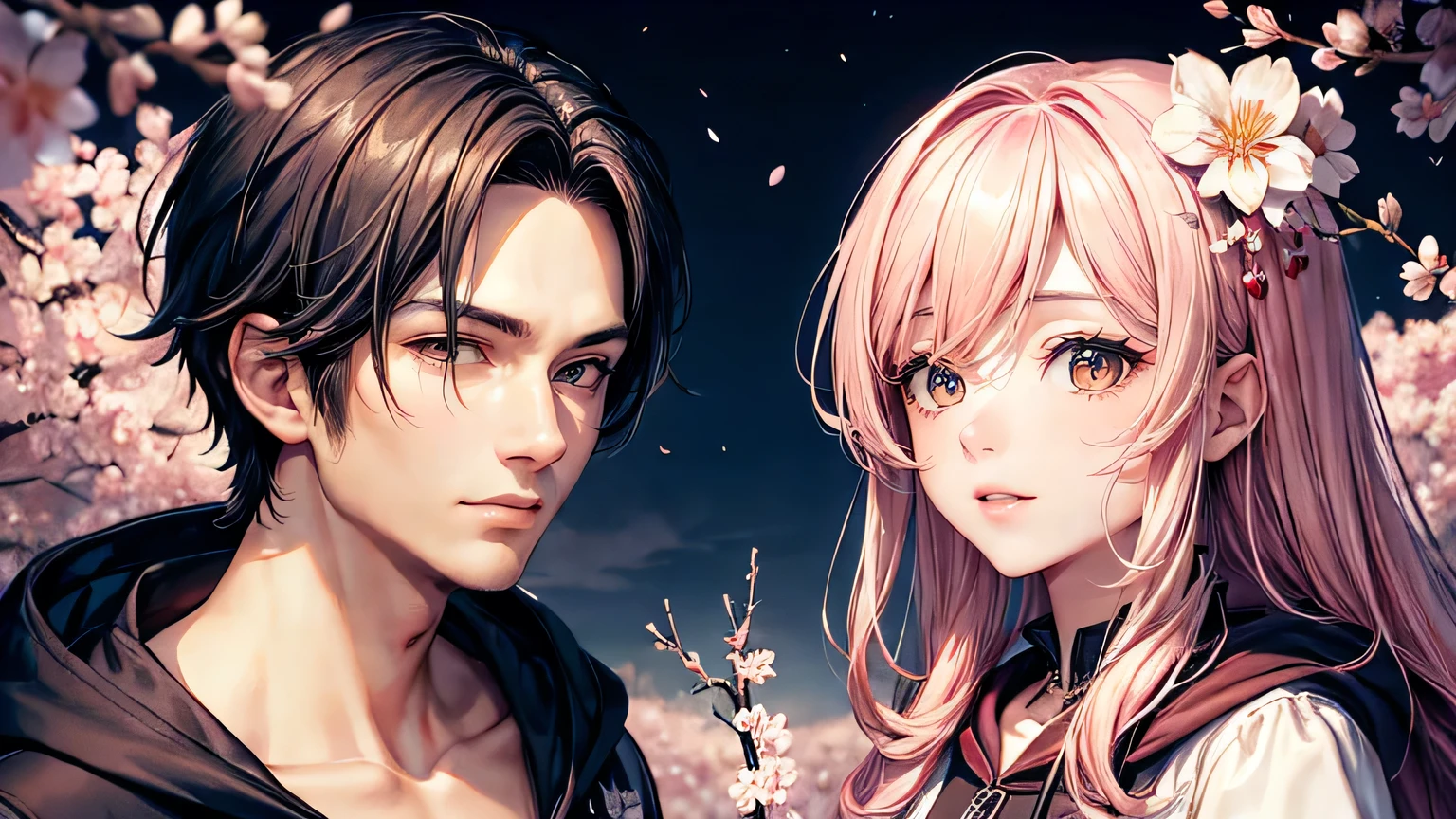 (oil, masterpiece, highest quality, Super detailed, Focus on the characters), A handsome man and a pretty woman looking at each other、cherry blossoms，Detailed hair depiction,([return:0.8]|[ face facing returnwards:1.1]), 
hoodie,([Night cherry blossoms tree-lined scenario:1.2]|[ ground:1.3]| [High Contrast:1.1])  