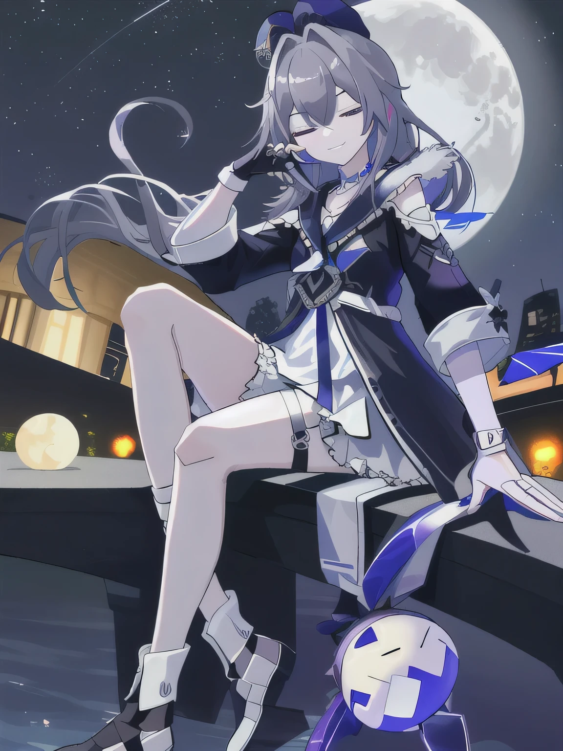 Ultra HD, Retina, masterpiece, precise, Anatomically correct, Super Detail, High Detail, high quality, Award-winning, best quality, high resolution, Good anatomy, 1080P, HD, 4K, 8k, 16k,The only person,night, moon, cityscape, against wall, sitting on, beautiful detailed eyes, wink , grin, one eye closed, finger_gun, leg_lift, looking at viewer,