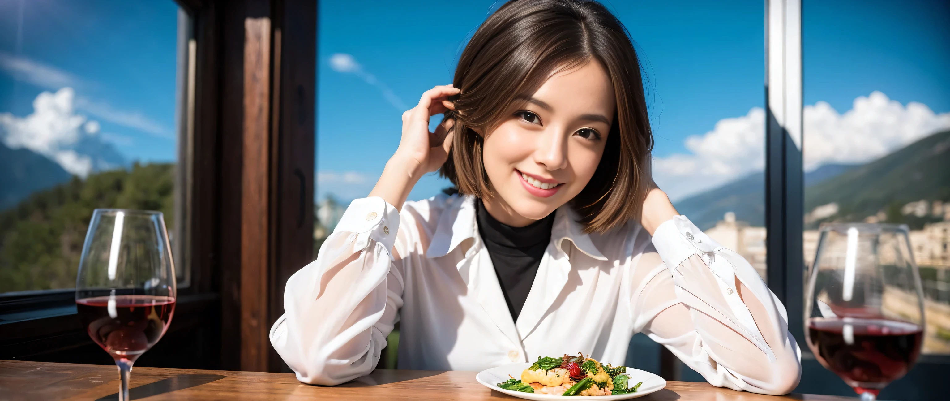 ((highest quality、8k、masterpiece:1.3))、Sharp focus:1.2、Beautiful woman perfect body:1.4、Slim body、((Bob Hale、Straight hair:1.2))、(to be born, highest quality, masterpiece:1.5), (Realistic, Intricate details:1.2), Wine glass on the table、shine a light on your face、 Amazing view of the sunset sky and clouds、Amazing mountain views、A bright smile、A lovely woman with a smile、Bright image、2. The beauty of wine, Beautiful Face, blue eyes, The light shines on your face, Blushing, short hair,Bright Face、Fox face、 (43 years old), 39 years old, Lady、red wine 、Appetizers、Italian food、Wine bottle、Champagne、sparkling wine、Two beauties、Brown Hair、Shortcuts、Long sleeve shirt、dress、Pretty Woman 1, (Slim face), (The body is slim), (Brown Hair), (Shortcuts), cheeks turn a little red,Attractive beauty、, Out of the window, A beautiful and detailed night view unfolds.........., restaurant, In a prominent place (From the waist up) Nova Frog Style, actress, model, Upper Body, White wine, slim, wine glass, A wine glass placed in the middle, smile, (smile: 1.15), Beautiful fine grain, Depth f/2,saturation, High Contrast, Strong light and shadow,Moist Body:1.5、3D texture、Delicate eyes、Brown Hair、The hair is very shiny、