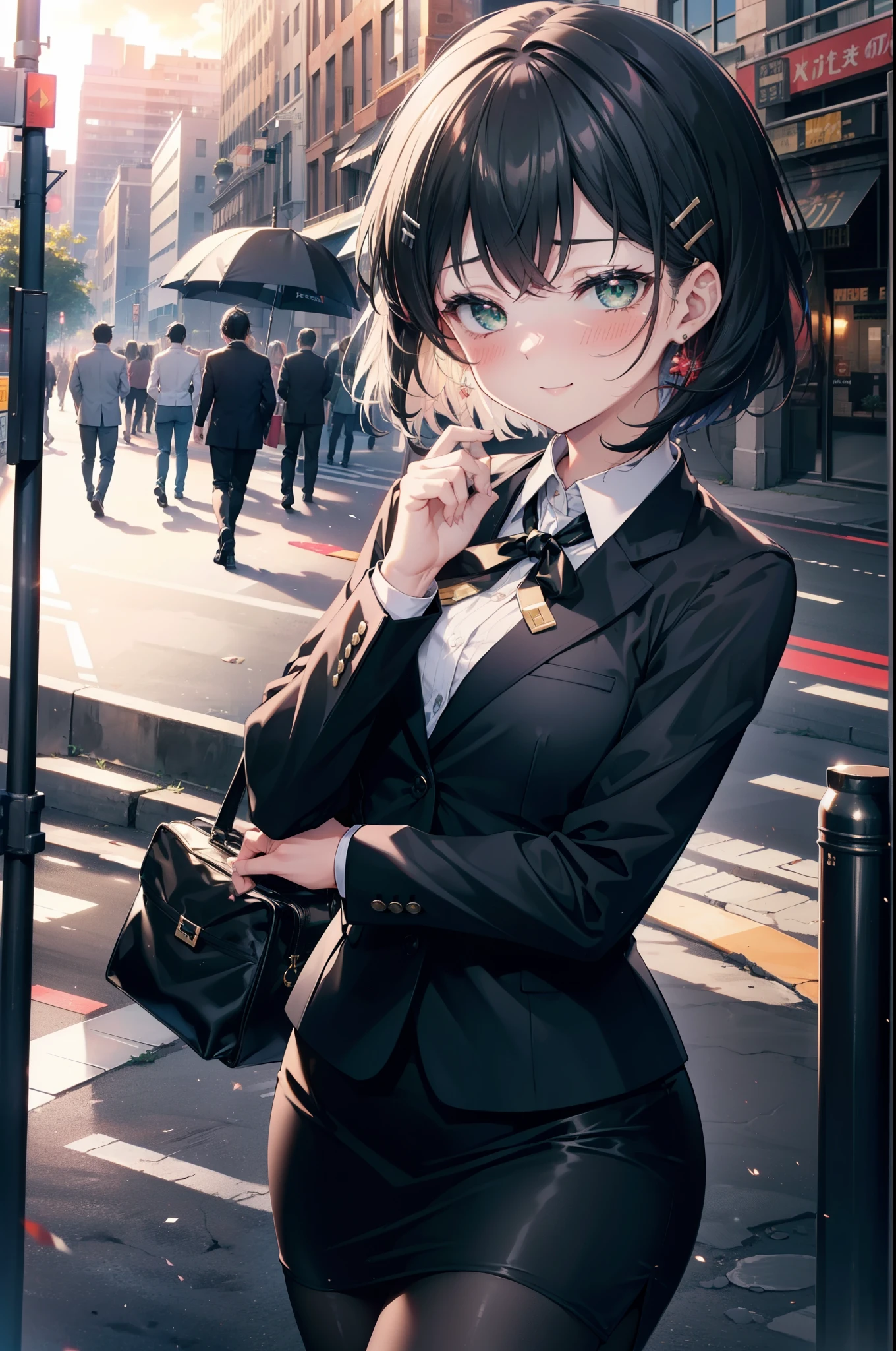 Suguhakirigaya, Suguhakirigaya, (Green Eyes:1.2), hair ornaments, Hair Clip, short hair, Black Hair,smile,blush,happy smile, smile, Open your mouth,OL, Black suit jacket, Collared jacket, White dress shirt, Collared shirt, Neckline, button, Black pencil skirt, Black pantyhose,Stiletto heels,Sunset,evening,The sun is setting,walking,whole bodyがイラストに入るように,
break outdoors, city,construction area,crowd, people々々々,
break looking at viewer, whole body, 
break (masterpiece:1.2), highest quality, High resolution, unity 8k wallpaper, (shape:0.8), (Beautiful details:1.6), Highly detailed face, Perfect lighting, Highly detailed CG, (Perfect hands, Perfect Anatomy),