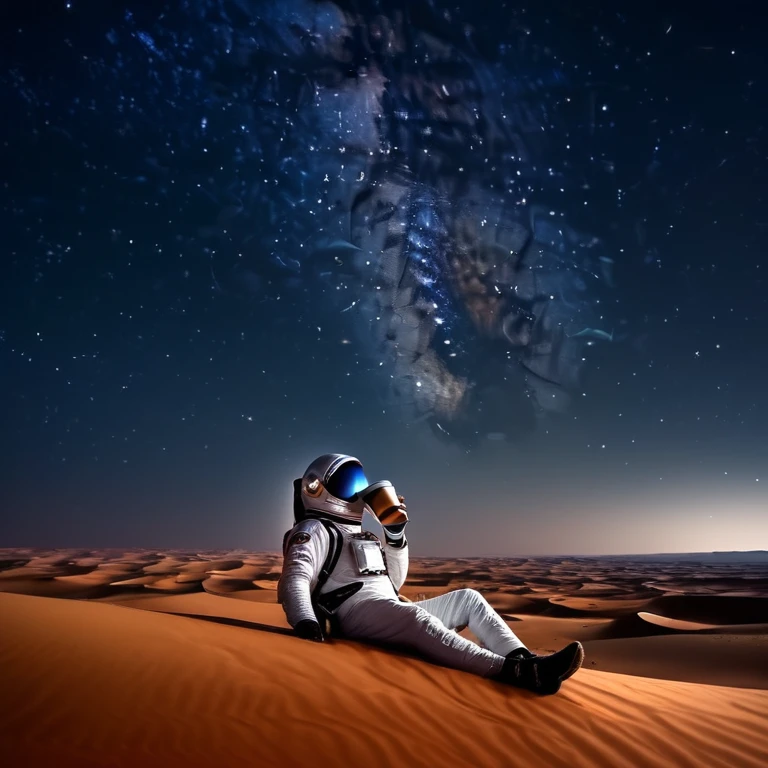 Astronaut sleep in sahara , looking at sky , great sky , too many stars , coffee in hand , ultra graphic , great design