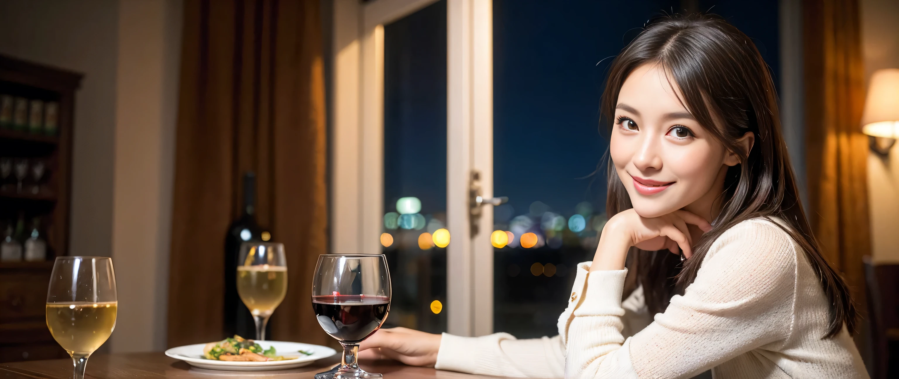 ((highest quality、8k、masterpiece:1.3))、Sharp focus:1.2、Beautiful woman perfect body:1.4、Slim body、((Bob Hale、Straight hair:1.2))、(to be born, highest quality, masterpiece:1.5), (Realistic, Intricate details:1.2), Wine glass on the table、shine a light on your face、 Amazing view of the sunset sky and clouds、Amazing mountain views、A bright smile、A lovely woman with a smile、Bright image、2. The beauty of wine, Beautiful Face, blue eyes, The light shines on your face, Blushing, short hair,Bright Face、Fox face、 (43 years old), 39 years old, Lady、red wine 、Appetizers、Italian food、Wine bottle、Champagne、sparkling wine、Two beauties、Brown Hair、Shortcuts、Long sleeve shirt、dress、Pretty Woman 1, (Slim face), (The body is slim), (Brown Hair), (Shortcuts), cheeks turn a little red,Attractive beauty、, Out of the window, A beautiful and detailed night view unfolds.........., restaurant, In a prominent place (From the waist up) Nova Frog Style, actress, model, Upper Body, White wine, slim, wine glass, A wine glass placed in the middle, smile, (smile: 1.15), Beautiful fine grain, Depth f/2,saturation, High Contrast, Strong light and shadow,Moist Body:1.5、3D texture、Delicate eyes、Brown Hair、The hair is very shiny、