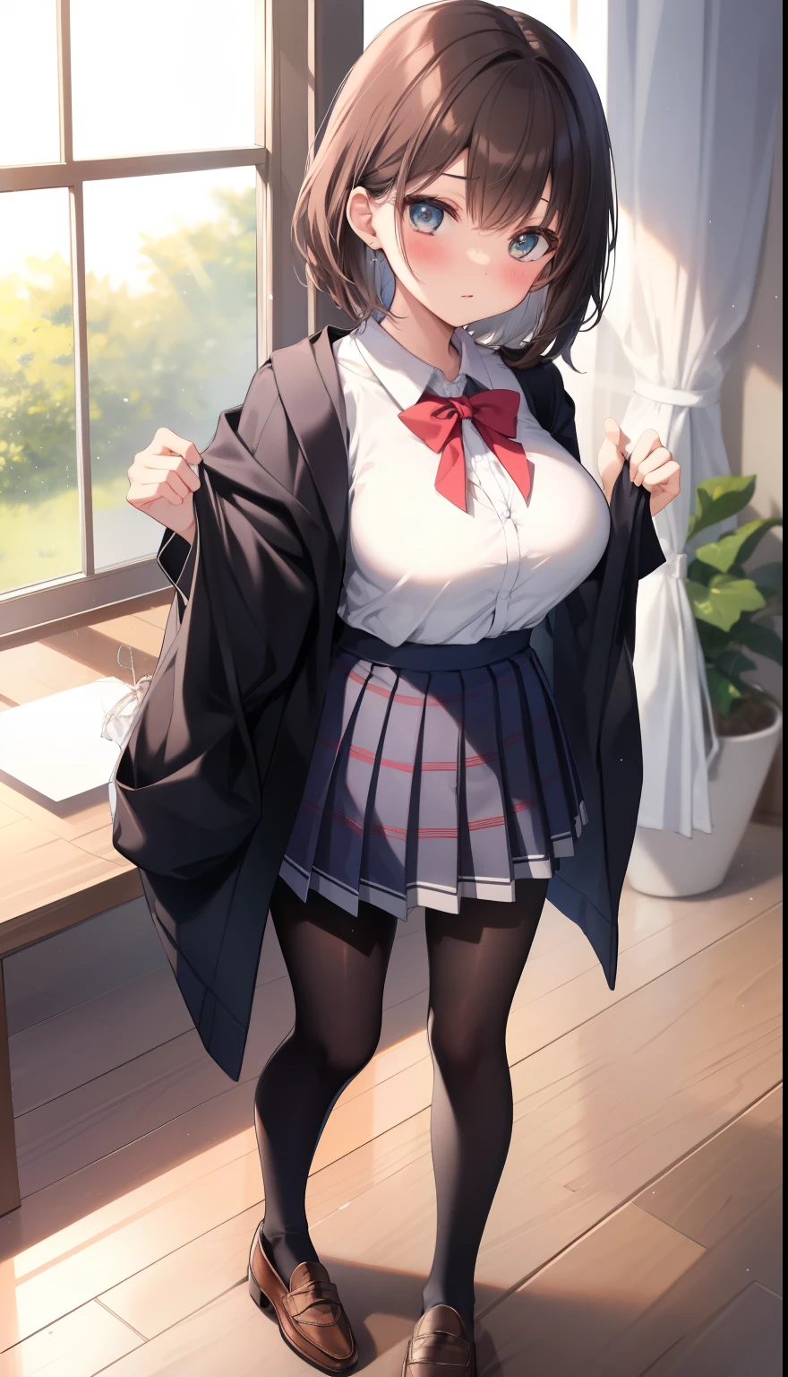 One Girl、positive、Standing posture、Full body portrait、Brown haired、Medium Haircut、blush、Absolute area、Knee socks、Knee-length、stockings、pantyhose、レースpantyhose、White underwear、Blue checked pleated skirt、、Japanese high school students、Summer clothes、Inside the house、Daytime、(Very large breasts)、((Lesbians all over))、masterpiece、(highest quality)、
Panties around the ankles、loafers