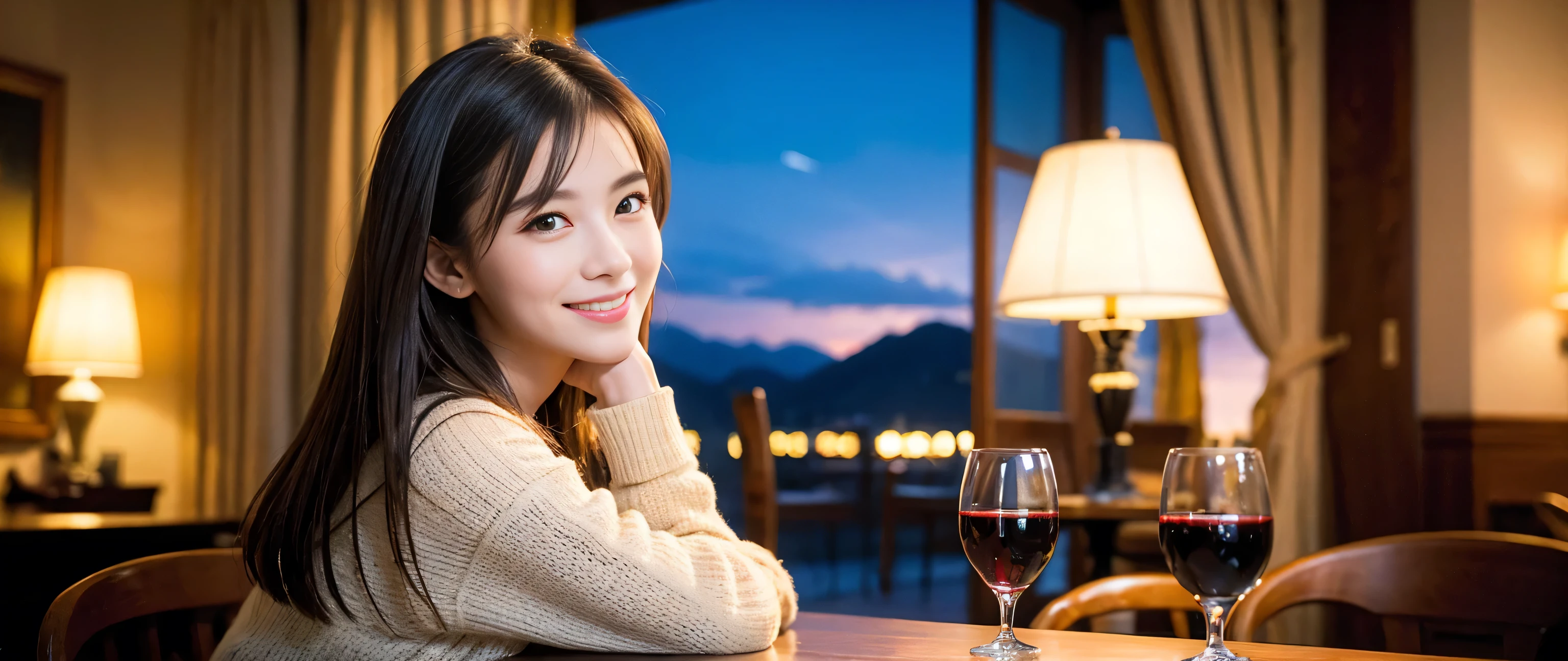 ((highest quality、8k、masterpiece:1.3))、Sharp focus:1.2、Beautiful woman perfect body:1.4、Slim body、((Bob Hale、Straight hair:1.2))、(to be born, highest quality, masterpiece:1.5), (Realistic, Intricate details:1.2), Wine glass on the table、shine a light on your face、 Amazing view of the sunset sky and clouds、Amazing mountain views、A bright smile、A lovely woman with a smile、Bright image、2. The beauty of wine, Beautiful Face, blue eyes, The light shines on your face, Blushing, short hair,Bright Face、Fox face、 (43 years old), 39 years old, Lady、red wine 、Appetizers、Italian food、Wine bottle、Champagne、sparkling wine、Two beauties、Brown Hair、Shortcuts、Long sleeve shirt、dress、Pretty Woman 1, (Slim face), (The body is slim), (Brown Hair), (Shortcuts), cheeks turn a little red,Attractive beauty、, Out of the window, A beautiful and detailed night view unfolds.........., restaurant, In a prominent place (From the waist up) Nova Frog Style, actress, model, Upper Body, White wine, slim, wine glass, A wine glass placed in the middle, smile, (smile: 1.15), Beautiful fine grain, Depth f/2,saturation, High Contrast, Strong light and shadow,Moist Body:1.5、3D texture、Delicate eyes、Brown Hair、The hair is very shiny、