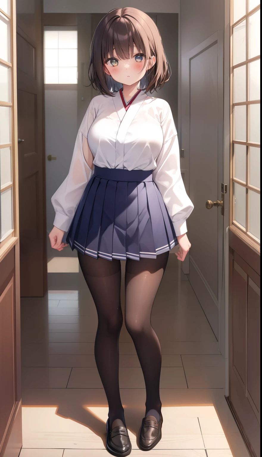 One Girl、positive、Standing posture、Full body portrait、Brown haired、Medium Haircut、blush、Absolute area、Knee socks、Knee-length、stockings、pantyhose、レースpantyhose、White underwear、Blue checked pleated skirt、、Japanese high school students、Summer clothes、Inside the house、Daytime、（Very large breasts）、((Lesbians all over))、masterpiece、（highest quality）、
Panties around the ankles、loafers