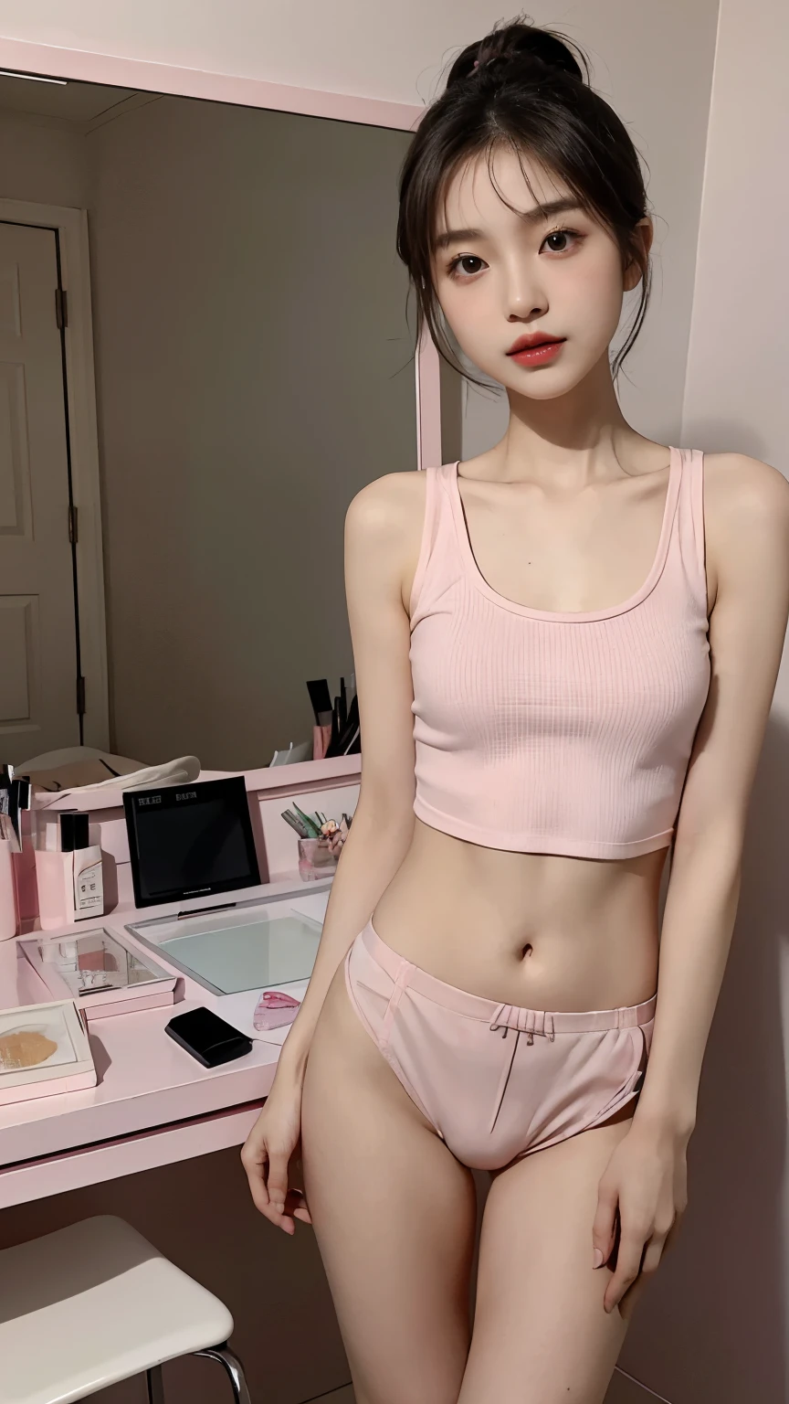 Top Quality，Ultra-clear resolution, (Cute Chinese girl ),  body. slim. thin. Fascinating.  (Makeup face. Pink lipstick).   

((Micro Panties)).  ((Tank top)).   ((Tank top)).

stand.     In front of the makeup mirror