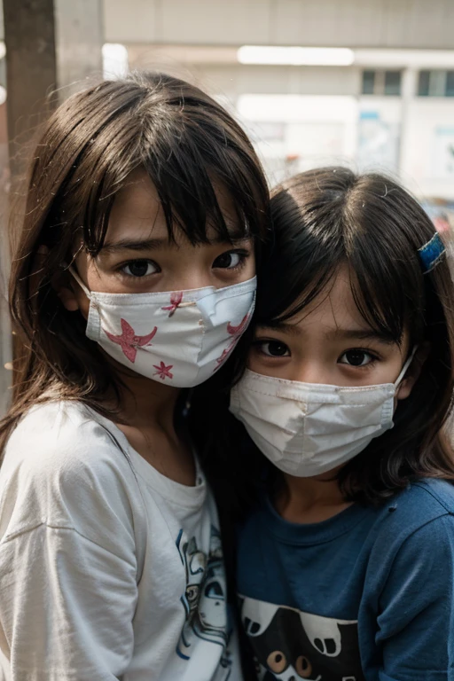 Sad and distressed children wearing masks due to COVID-19