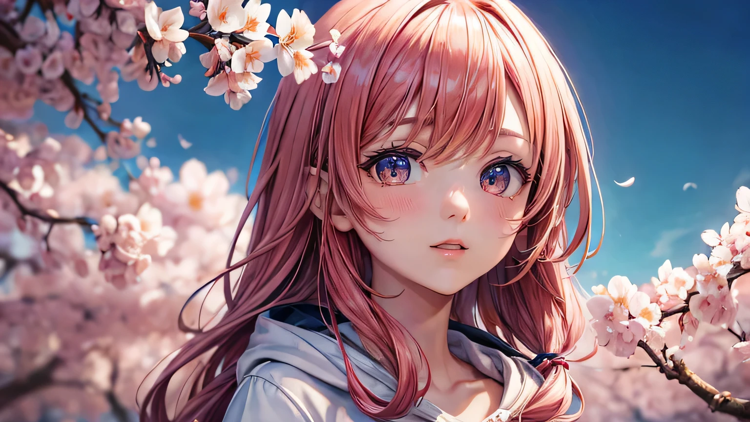 (oil, masterpiece, highest quality, Super detailed, Focus on the characters), One male、cherry blossoms，Detailed hair depiction,([return:0.8]|[ face facing returnwards:1.1]), 
hoodie,([Night cherry blossoms tree-lined scenario:1.2]|[ ground:1.3]| [High Contrast:1.1])  