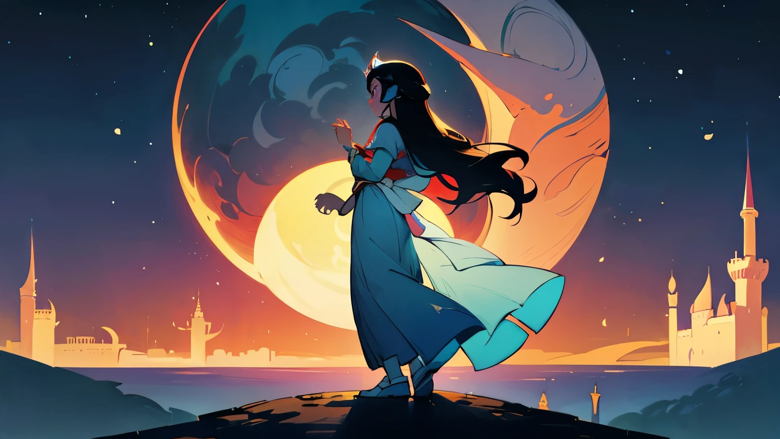 teen moon princess with long black hair, sea blue eyes and snow white skin, standing, in arabic medieval style castle in the tropical woods, praying night, crescent moon, full body, side profile, calm tone colours, fantasy theme