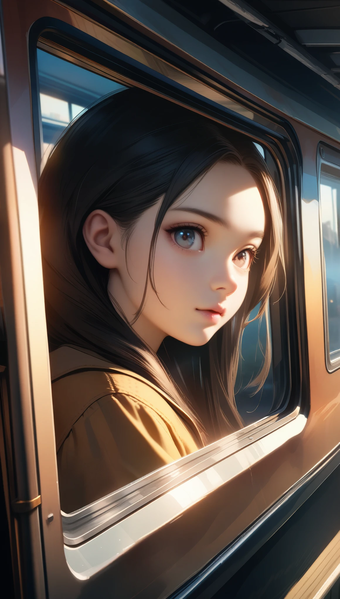 32k, best quality, ultra high res, HDR, UHD, extremely detailed CG, unity 32k wallpaper, Anime girl sitting on a train looking out the window, Beautiful anime portraits, Portrait of Rofi at a window, Beautiful Anime Girls, Portrait of Rofi, LOFI Girl, Anime Girl Portrait, Gweiz-style artwork, High-quality portraits, As the sun sets, Attractive anime girl, Cute Anime Girl, Realistic cute girl drawing, Anime Style. 8k,