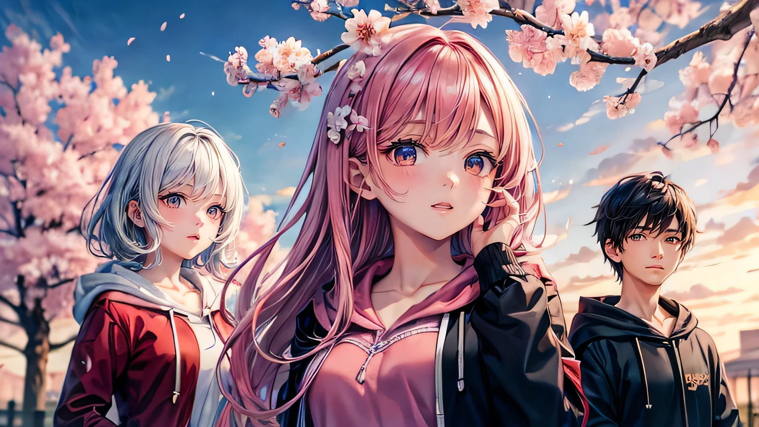 (oil, masterpiece, highest quality, Super detailed, Focus on the characters), One male、cherry blossoms，Detailed hair depiction,([return:0.8]|[ face facing returnwards:1.1]), 
hoodie,([Night cherry blossoms tree-lined scenario:1.2]|[ ground:1.3]| [High Contrast:1.1])  