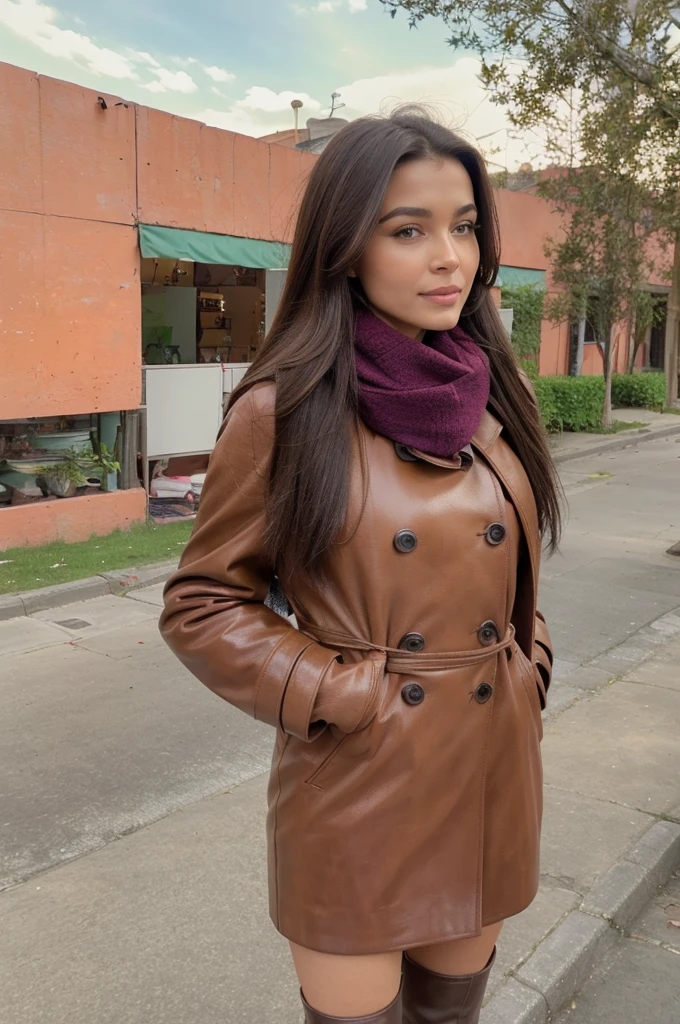 [Profile picture, shoot taken from back] Editorial Photography 2000's style, a beautiful, gorgeous, elegant, classy spanish woman, she has straight brunette hair, and she has a beautiful winter outfit, a double breasted tan brown leather coat with, scarf, gloves and boots, also she's carrying a dark brown leather backpack. She's glad, joyful, cherful, she looks like a dream, she looks so radiant, splendid, amazing. She's at park on afternoon and she's possing for camera.