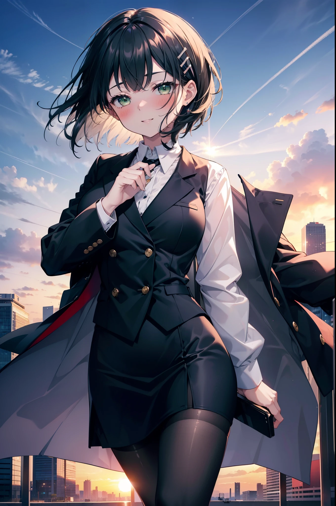 Suguhakirigaya, Suguhakirigaya, (Green Eyes:1.2), hair ornaments, Hair Clip, short hair, Black Hair,smile,blush,happy smile, smile, Open your mouth,OL, Black suit jacket, Collared jacket, White dress shirt, Collared shirt, Neckline, button, Black pencil skirt, Black pantyhose,Stiletto heels,Sunset,evening,The sun is setting,walking,whole bodyがイラストに入るように,
break outdoors, city,construction area,crowd, people々々々,
break looking at viewer, whole body, 
break (masterpiece:1.2), highest quality, High resolution, unity 8k wallpaper, (shape:0.8), (Beautiful details:1.6), Highly detailed face, Perfect lighting, Highly detailed CG, (Perfect hands, Perfect ),