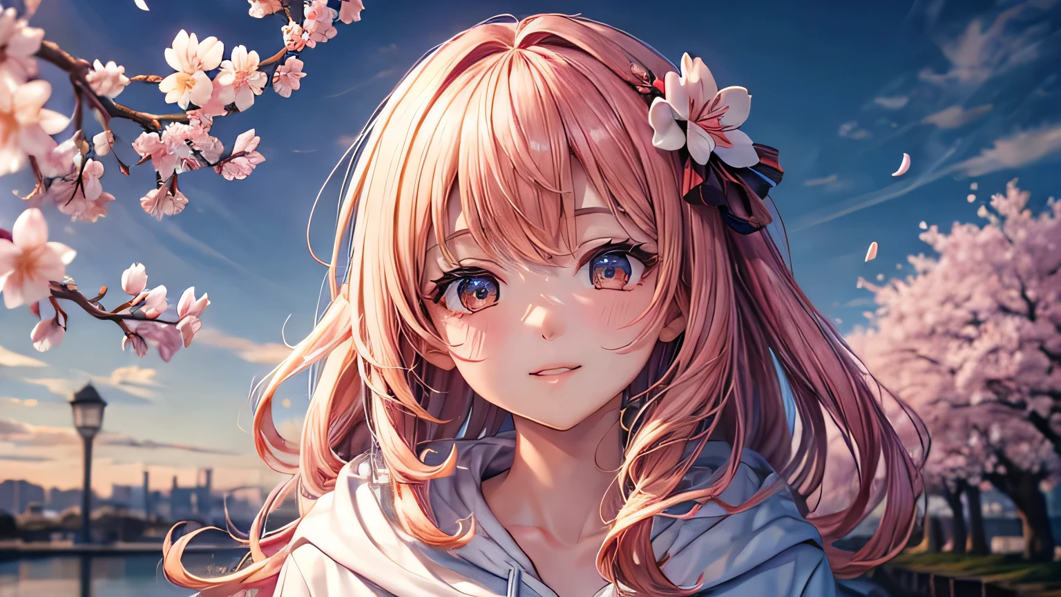 (oil, masterpiece, highest quality, Super detailed, Focus on the characters), One male、cherry blossoms，Detailed hair depiction,([return:0.8]|[ face facing returnwards:1.1]), 
hoodie,([Night cherry blossoms tree-lined scenario:1.2]|[ ground:1.3]| [High Contrast:1.1])  