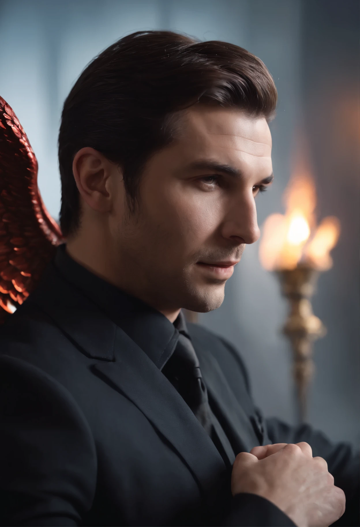 (8K, Best Quality, masutepiece:), Lucifer Morningstar, brunette male english male angel, mischievous grin, Fiery wings, devil, Fallen Angel, Flames in the background, Details, Dark suit, Club Theme, 1:1 Ratio, Sit on the throne and drink whiskey, Details, Realistic