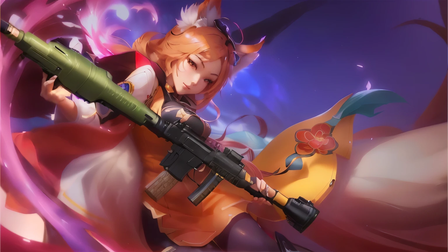 anime girl with a gun and a flower on her shoulder, ahri, iconic character splash art, official splash art, extremely detailed artgerm, splash art, splash art anime , maple story gun girl, artgerm lau, character splash art, cushart krenz key art feminine, style artgerm, ! dream artgerm