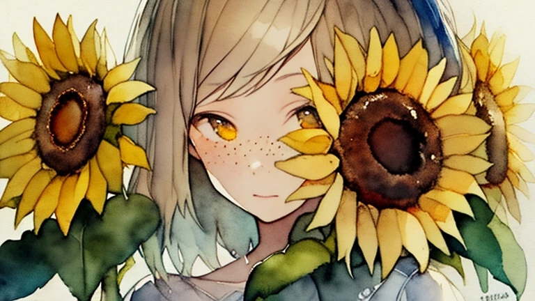 (watercolor:1.2),One Girl, solo, Floral, sunflower,freckles, Portraiture, leaf, Bans, Signed, Yellow Flower, Brown haired, Hair length, Veld&#39;s Eye, Hair between the eyes, Flower Earrings、night、月のnight