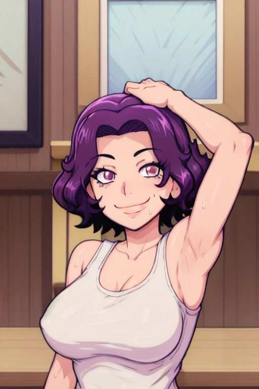 masterpiece, best quality, looking at viewer, upper body, portrait, looking at viewer, seductive smile, put your hands behind your head, armpits, armpits visible, sweaty armpits, azusa hamaoka, very large breasts, short hair, purple hair, wearing white tanktop with no bra,
