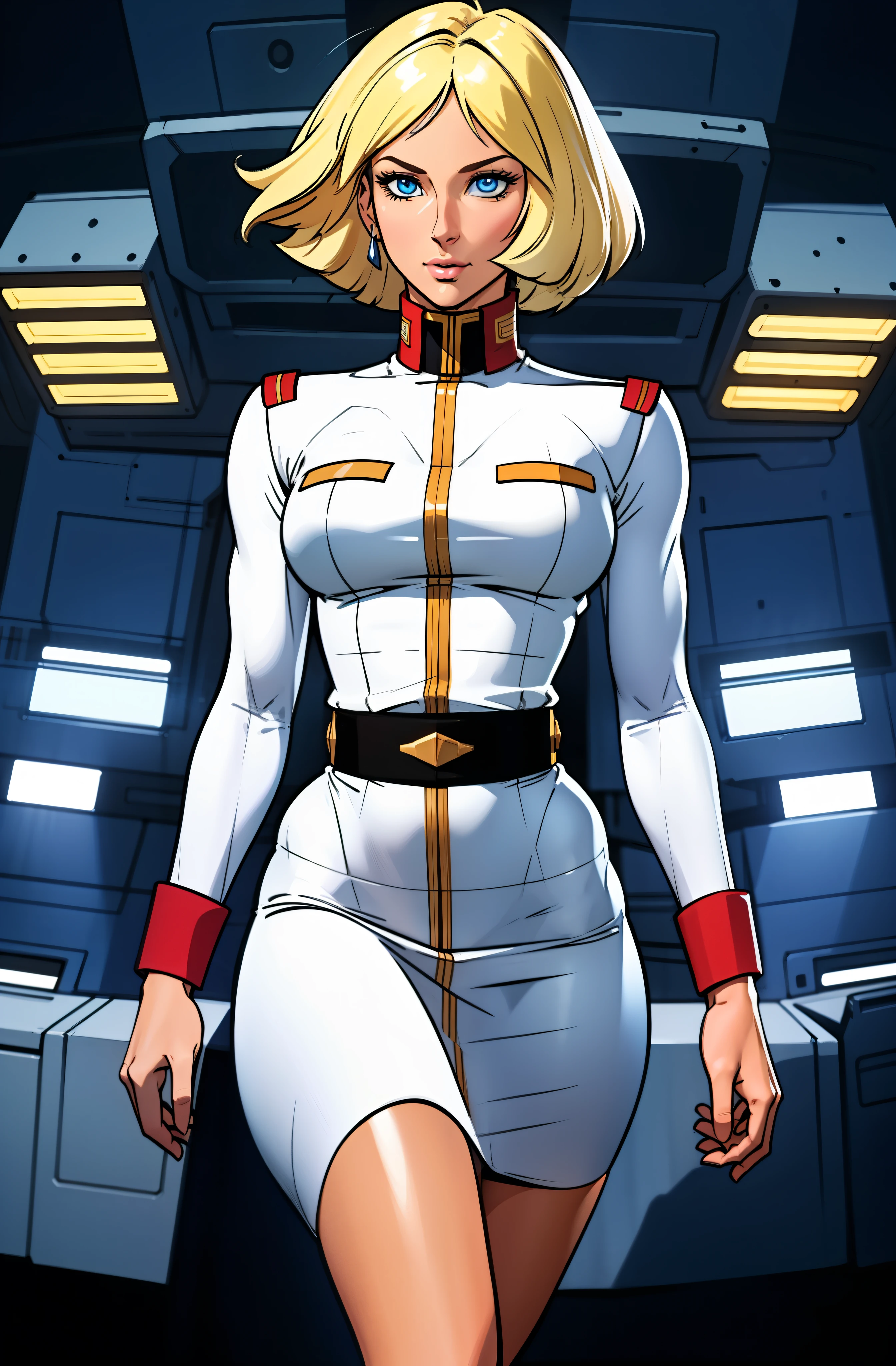 ((masterpiece)), ((cinematic lighting)), realistic photo、Real Images、Top image quality、1girl in, sayla mass, Elegant, masterpiece, Convoluted, slim arms, wide hips, thick thighs, Best Quality, absurderes, high face detail, Perfect eyes, mature, Cowboy Shot, , Vibrant colors, White uniform, Skirt,