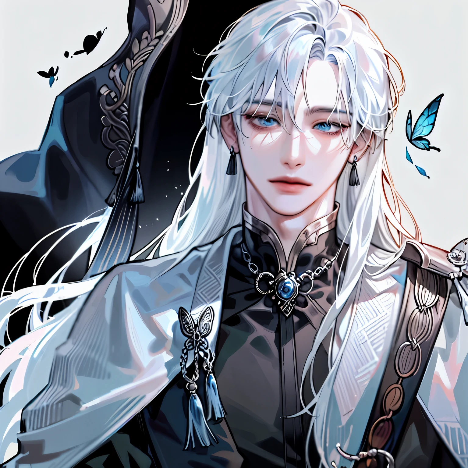 masterpiece, Male focus, 1 boy, solitary, white hair, tassel earrings, tassel, jewelry, earrings, black background, blue eyes, Long hair, crystal, Butterfly, Upper Body, Colorful hair，Pearlescent Rose，Personal，The eyes are depicted in great detail