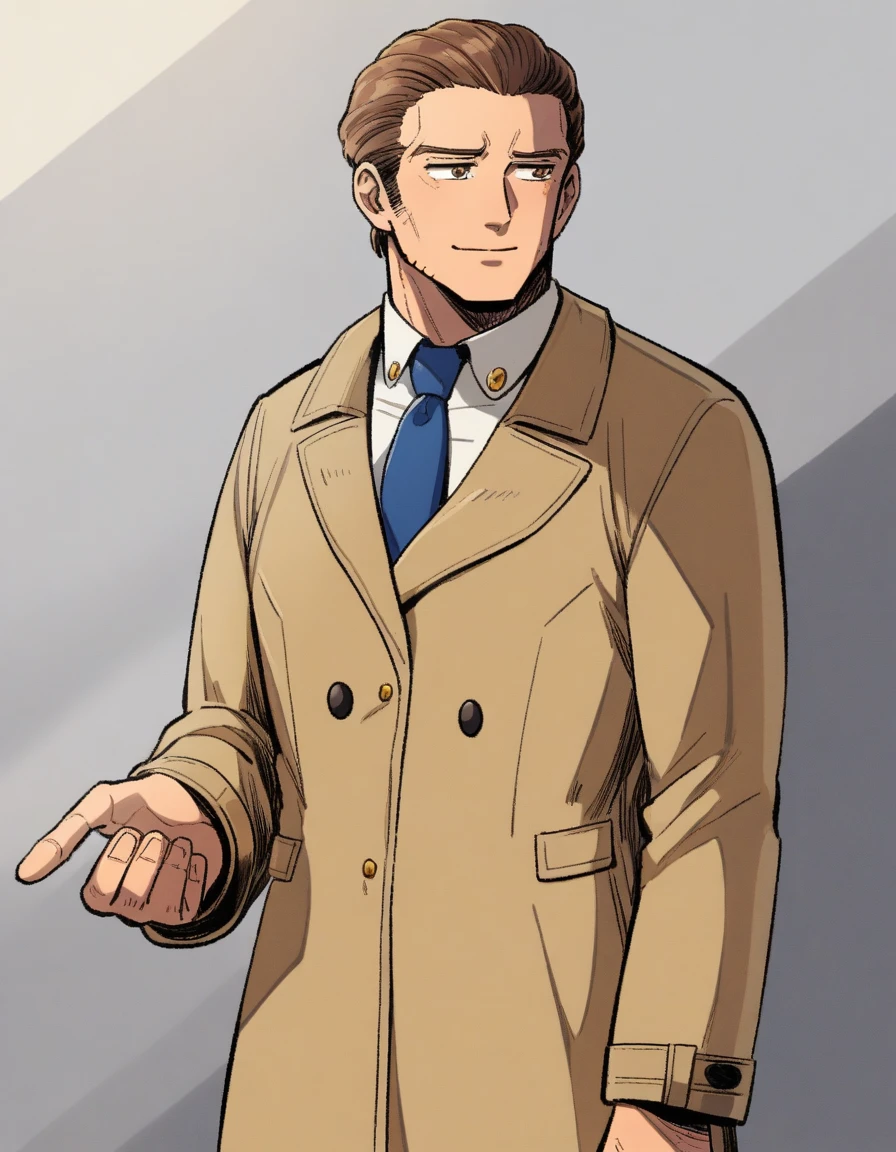 1man, detailed shabby mature, flapping sidelock, ordinary detective, wavy tired slicked back, yellow-brown hair, heavy weight, sanpaku iris, light-brown eyes, short stubble, rough skin, Oval-shaped head, dandy, ugly, solo, white collared_shirt, blue necktie, beige trench_coat, dark worn-out suit, light smile, standing, light shade, in retro eroge style, 1970s, VHS quality