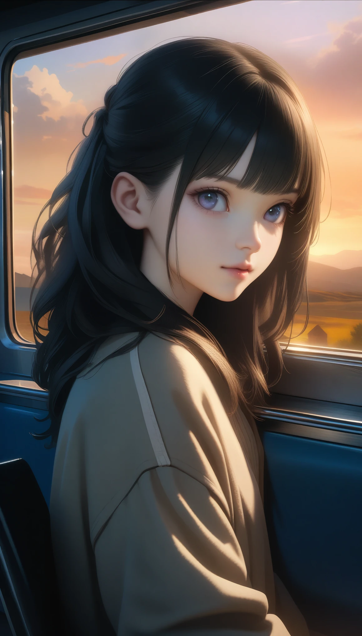 32k, best quality, ultra high res, HDR, UHD, extremely detailed CG, unity 32k wallpaper, Anime girl sitting on a train looking out the window, Beautiful anime portraits, Portrait of Rofi at a window, Beautiful Anime Girls, Portrait of Rofi, LOFI Girl, Anime Girl Portrait, Gweiz-style artwork, High-quality portraits, As the sun sets, Attractive anime girl, Cute Anime Girl, Realistic cute girl drawing, Anime Style. 8k,