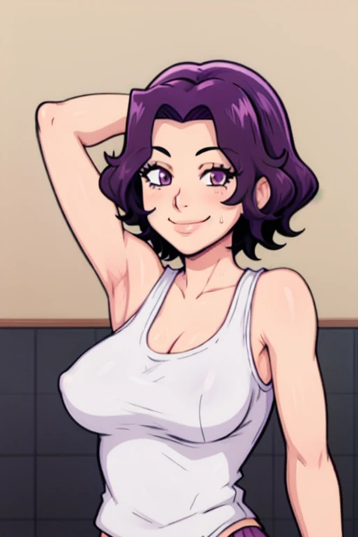 masterpiece, best quality, looking at viewer, upper body, portrait, looking at viewer, seductive smile, put your hands behind your head, armpits, armpits visible, sweaty armpits, azusa hamaoka, very large breasts, short hair, purple hair, wearing tanktop with no bra,