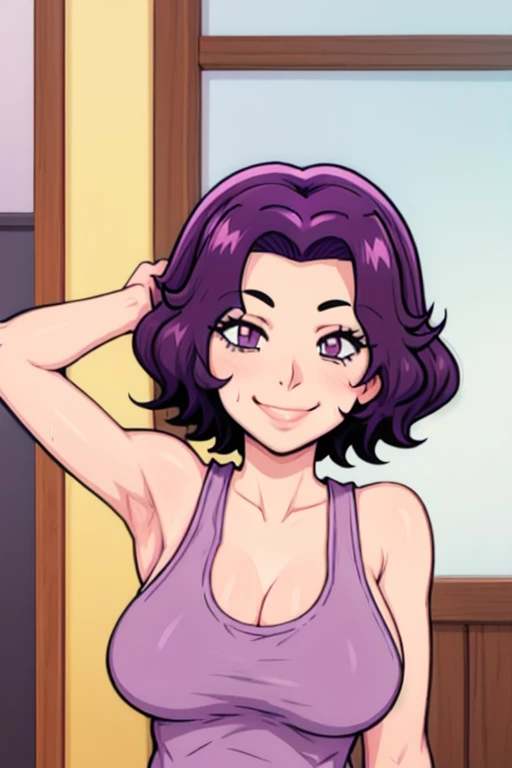 masterpiece, best quality, looking at viewer, upper body, portrait, looking at viewer, seductive smile, put your hands behind your head, armpits, armpits visible, sweaty armpits, azusa hamaoka, very large breasts, short hair, purple hair, wearing tanktop with no bra,