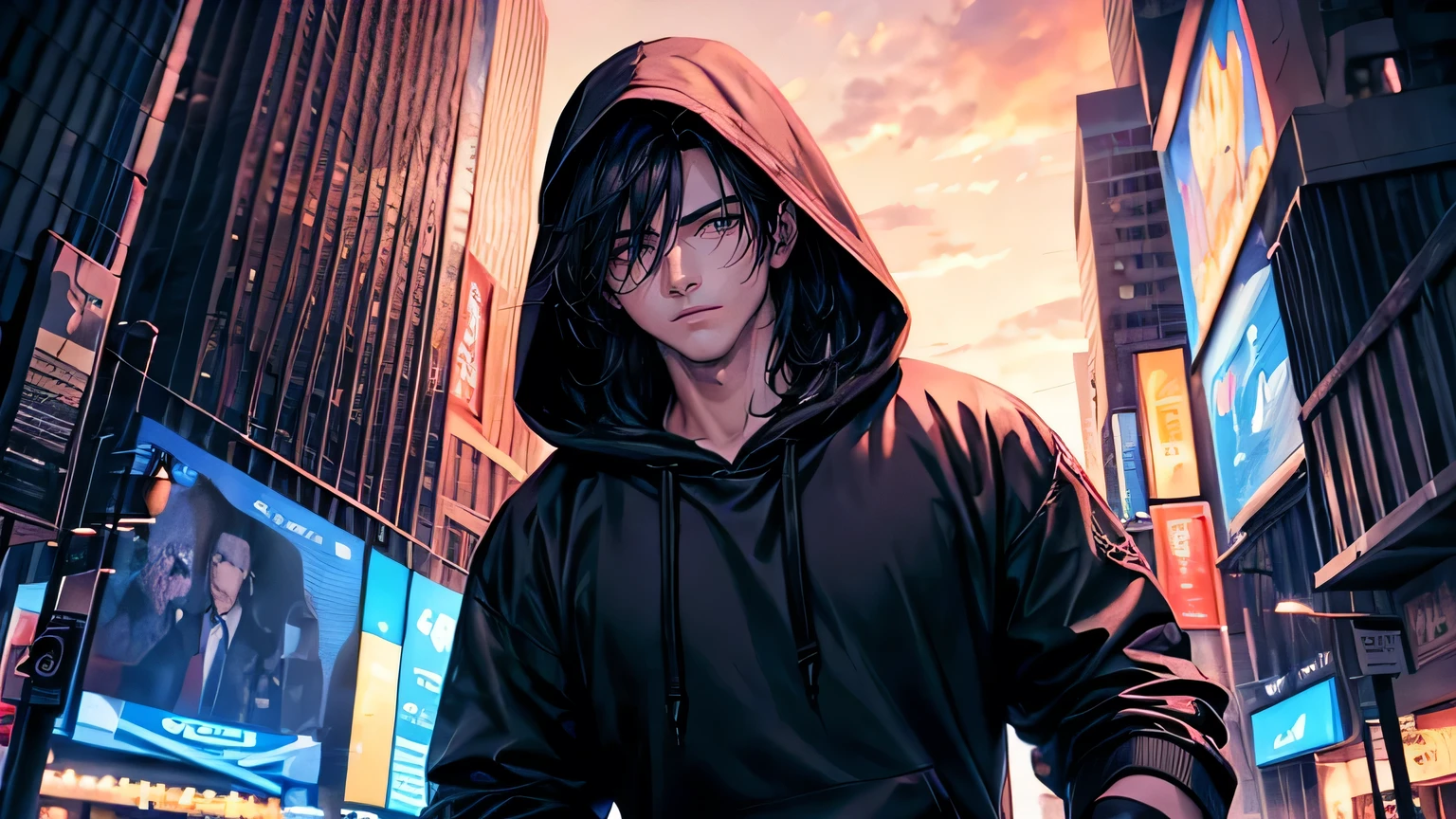 (oil, masterpiece, highest quality, Super detailed, Focus on the characters), Handsome man alone、Detailed hair depiction,([return:0.8]|[ face facing returnwards:1.1]), 
hoodie,neon,([Night cityscape scenario:1.2]|[ ground:1.3]| [High Contrast:1.1])  