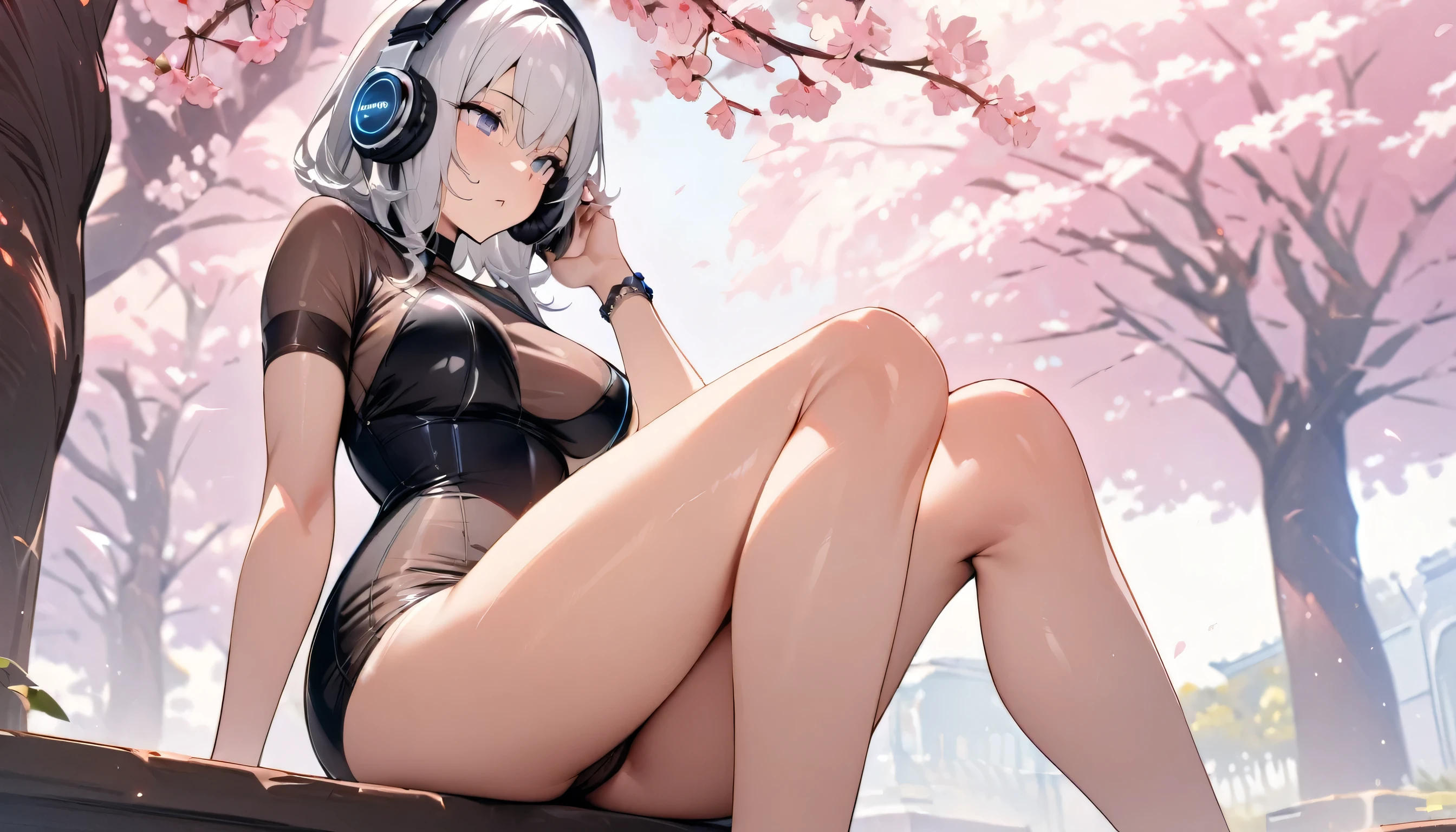 ((Top quality)), ((Masterpiece)), (Details), perfect face, sitting under a cherry tree, listening to music, a woman, wearing headphones, wearing underwear, underwear is transparent, sitting with legs wide open, wearing tight clothes, showing butt and breasts