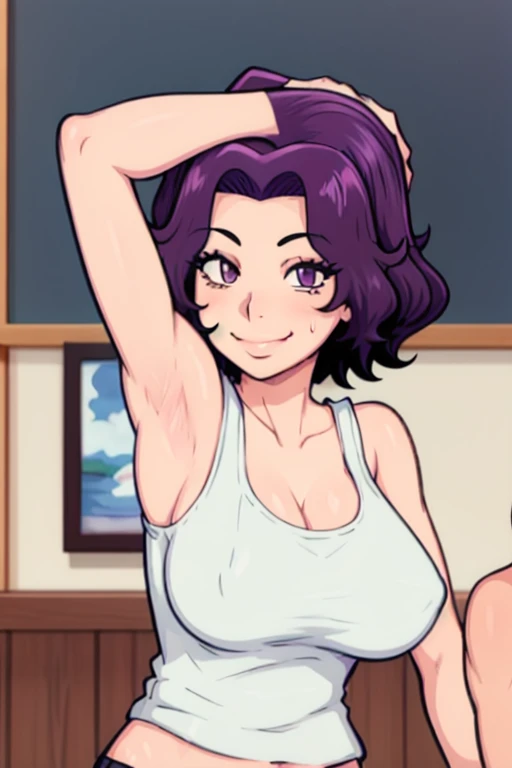 masterpiece, best quality, looking at viewer, upper body, portrait, looking at viewer, seductive smile, put your hands behind your head, armpits, armpits visible, sweaty armpits, azusa hamaoka, very large breasts, short hair, purple hair, wearing tanktop, no bra,