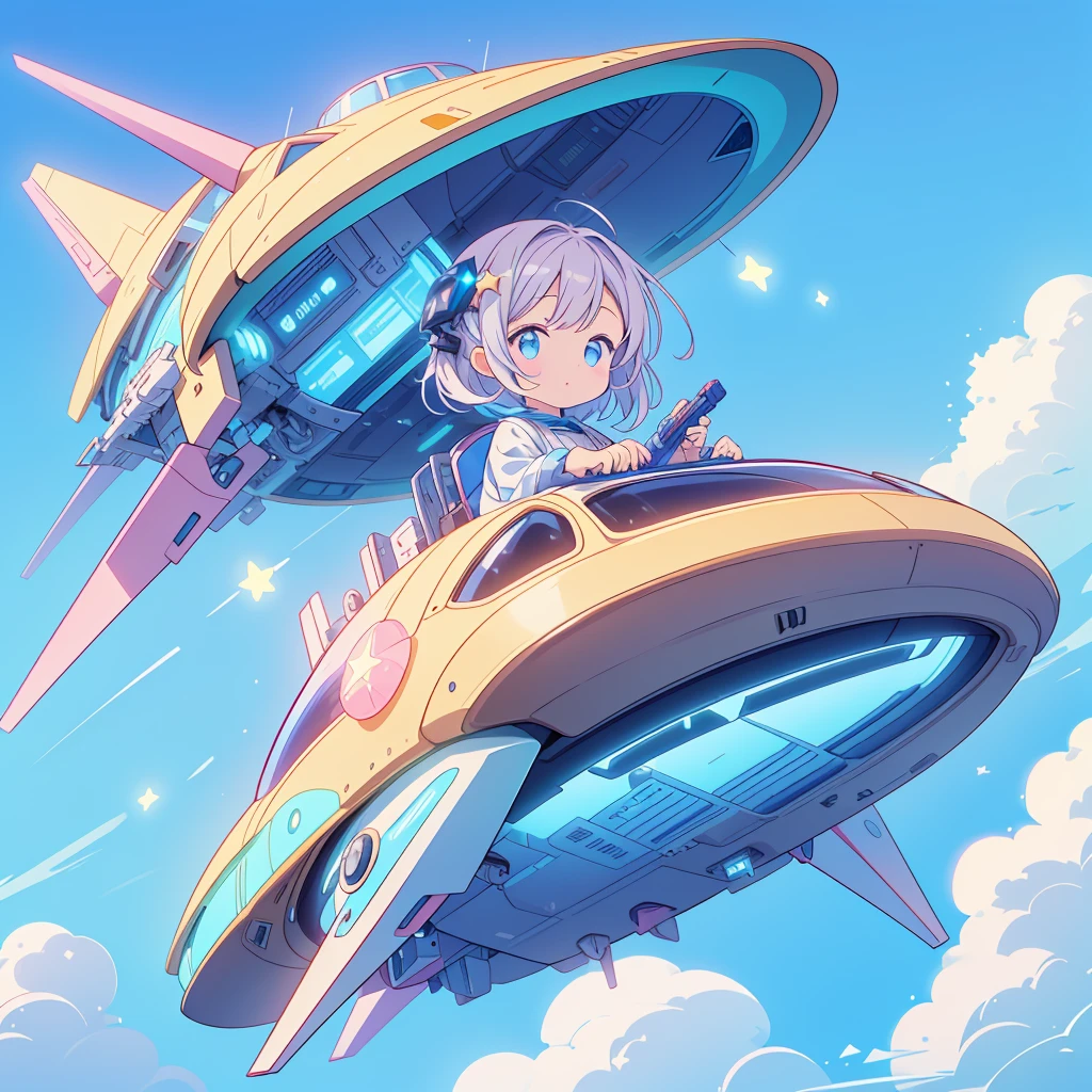 A futuristic flying star-shaped pastel-colored vehicle、kawaii tech,Do not draw people、