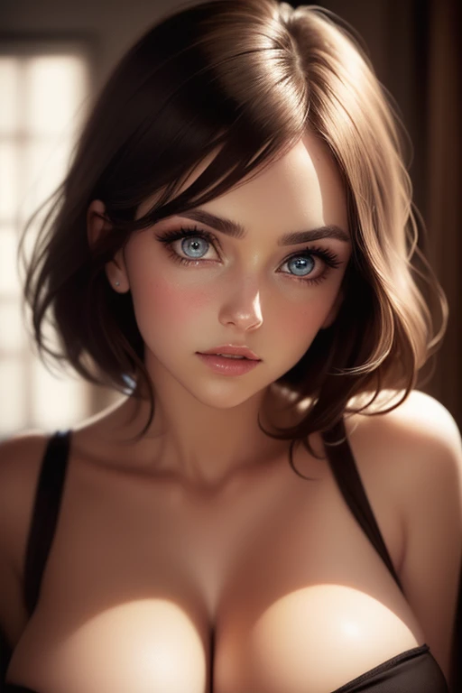 Arafied woman with big breasts and big nipples poses for a photo, soft portrait shot 8k, short brown hair and big eyes, Beautiful bright big eyes, photorealistic beautiful face, Realistic beautiful big eyes, brown hair and big eyes, realistic face, moody lighting, Big seductive eyes, hyper realistic beautiful face, gorgeous face portrait, beautiful huge eyes