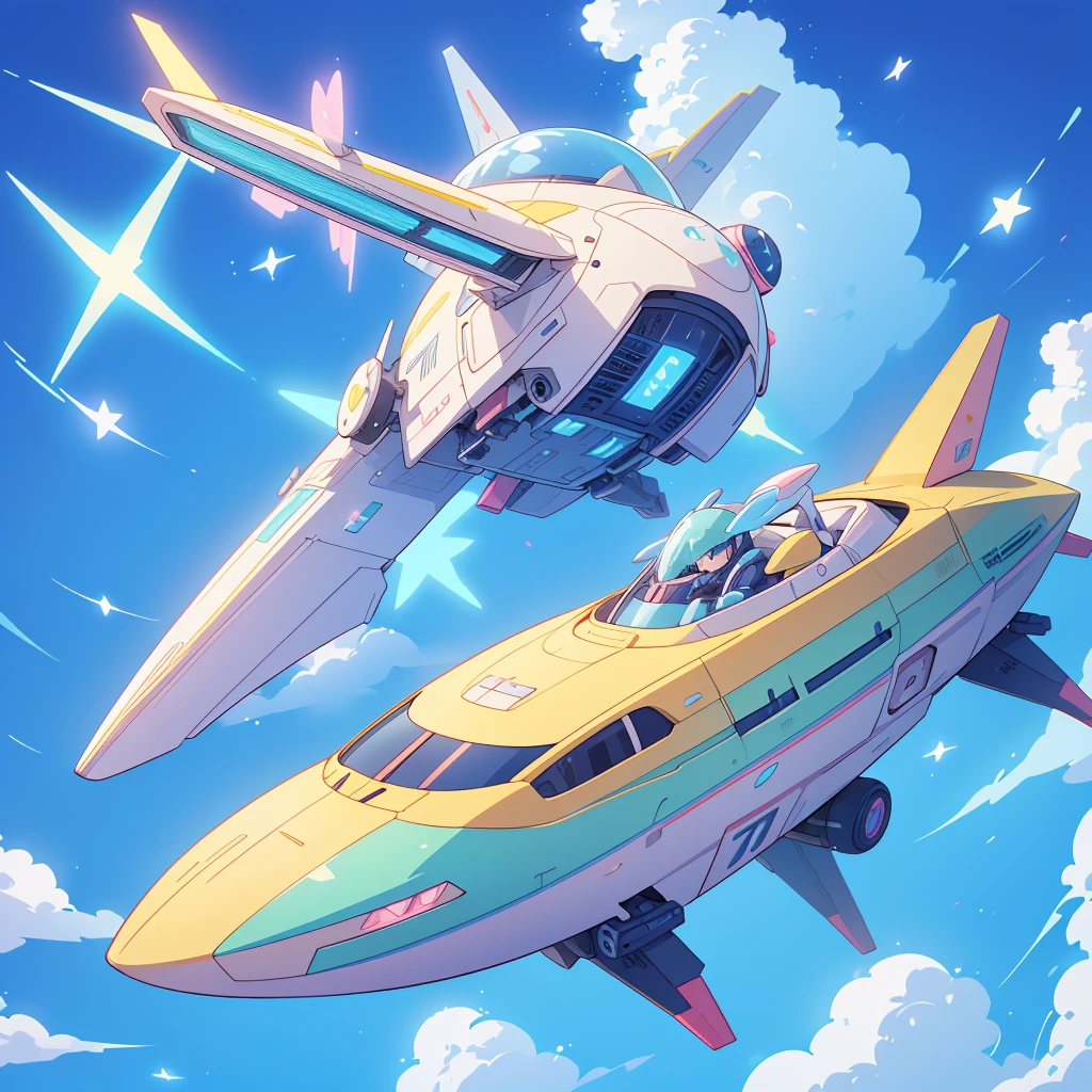 A futuristic flying star-shaped pastel-colored vehicle、kawaii tech,Do not draw people、