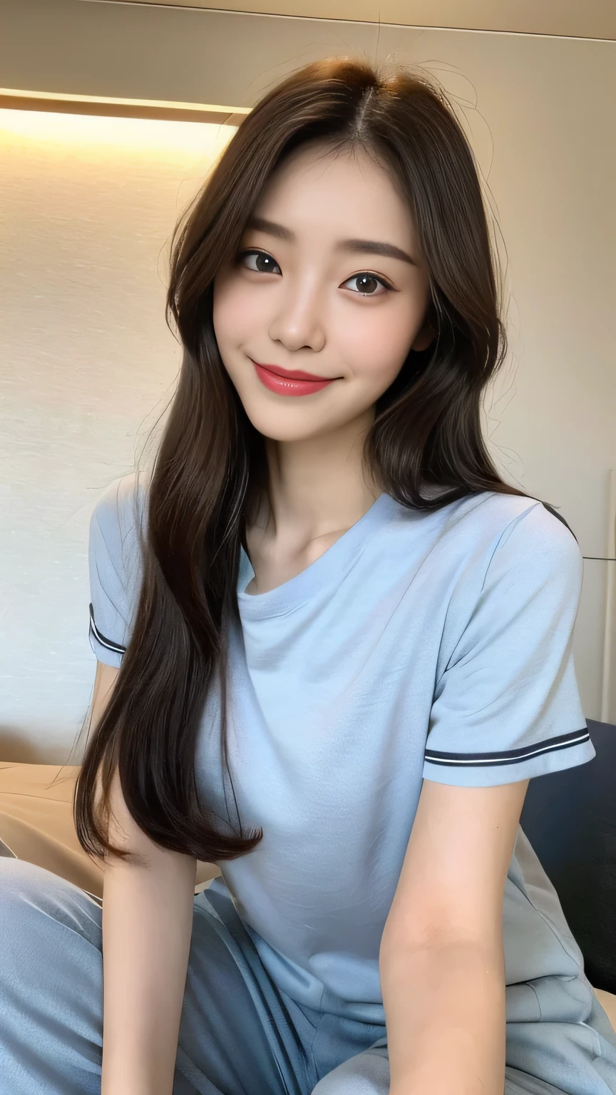 Full body angle、((highest quality, 8K, masterpiece:1.3)), concentrated:1.2, Perfect body beauty:1.4, Hips:1.2, ((Delicate Hair)), (Colorful pajama t-shirts、 :1.1) , ((highest quality、8K、masterpiece:1.3))、1 Girl、A sloppy smile、Esbian all over、Slim face、Big 、Beautiful woman、(Dark Brown Hair)、Long Hair、1.1、Flickering Valley、Detailed eyes、double eyelid、Blurred Background、超Slim face、Smile、Looking down、
