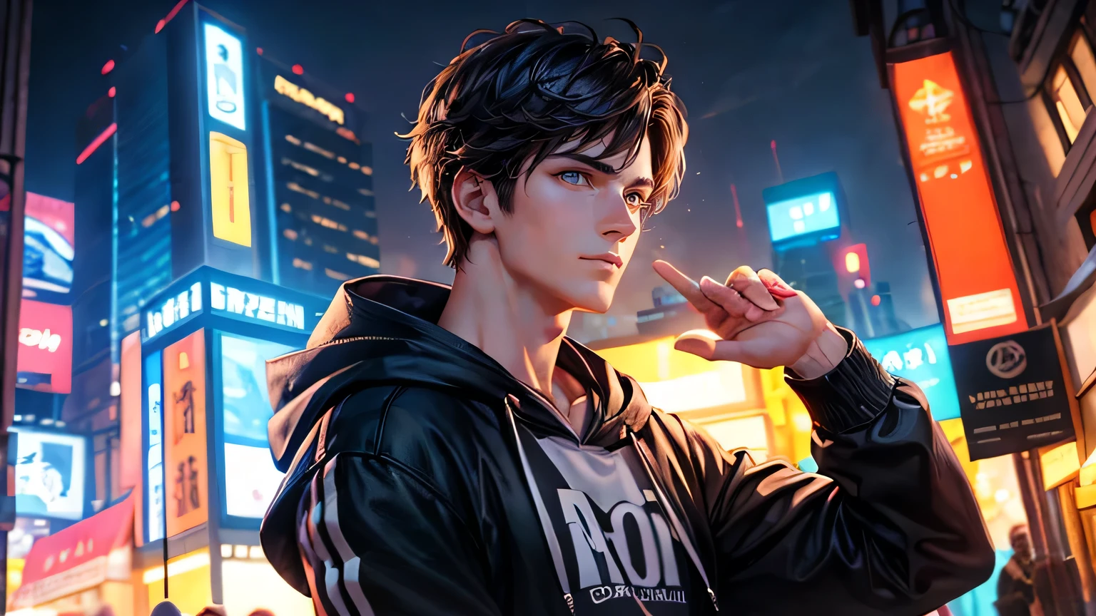 (oil, masterpiece, highest quality, Super detailed, Focus on the characters), Handsome man alone、Detailed hair depiction,([return:0.8]|[ face facing returnwards:1.1]), 
hoodie,neon,([Night cityscape scenario:1.2]|[ ground:1.3]| [High Contrast:1.1])  