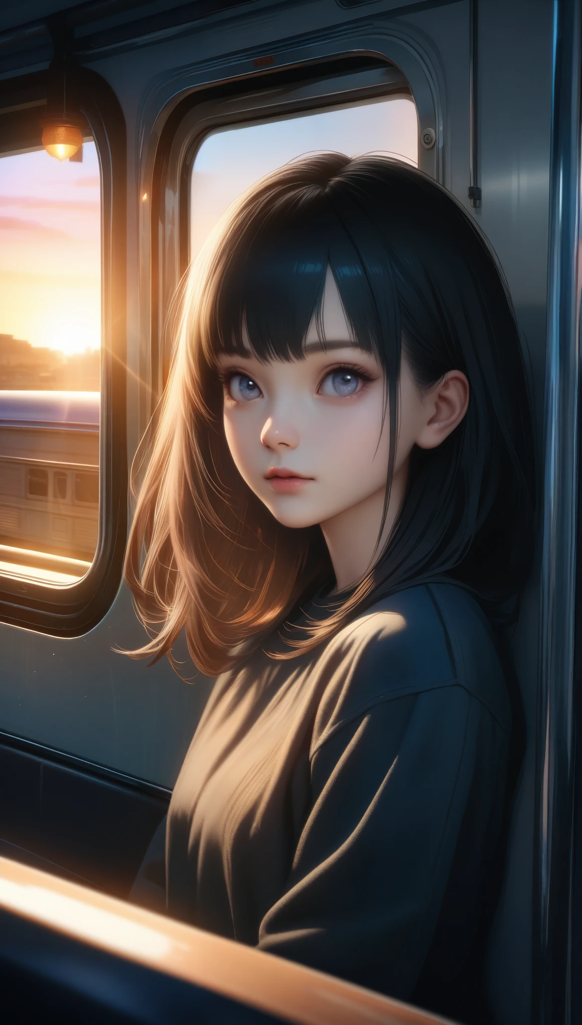 32k, best quality, ultra high res, HDR, UHD, extremely detailed CG, unity 32k wallpaper, Anime girl sitting on a train looking out the window, Beautiful anime portraits, Portrait of Rofi at a window, Beautiful Anime Girls, Portrait of Rofi, LOFI Girl, Anime Girl Portrait, Gweiz-style artwork, High-quality portraits, As the sun sets, Attractive anime girl, Cute Anime Girl, Realistic cute girl drawing, Anime Style. 8k,