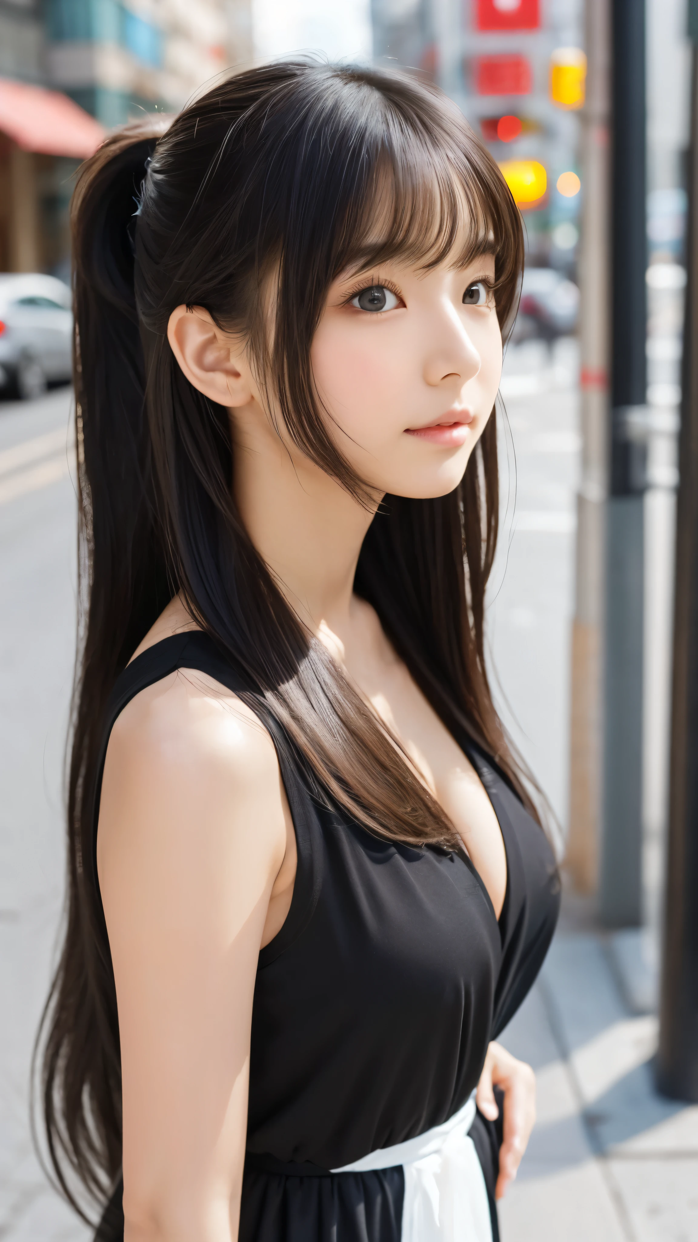 Shining, clear, white skin、Her windblown black hair hides her beautiful face.、huge、Sexy beautiful face of 28 years old、A beautiful and eye-catching ponytail、growing up, glowing light brown eyes、Sexy long silky bangs covering the eyes, Sexy young woman with super long hair hiding her sexy face、Shiny black hair、(((Sexy Woman)))、The cleavage is visible,Red sexy dress