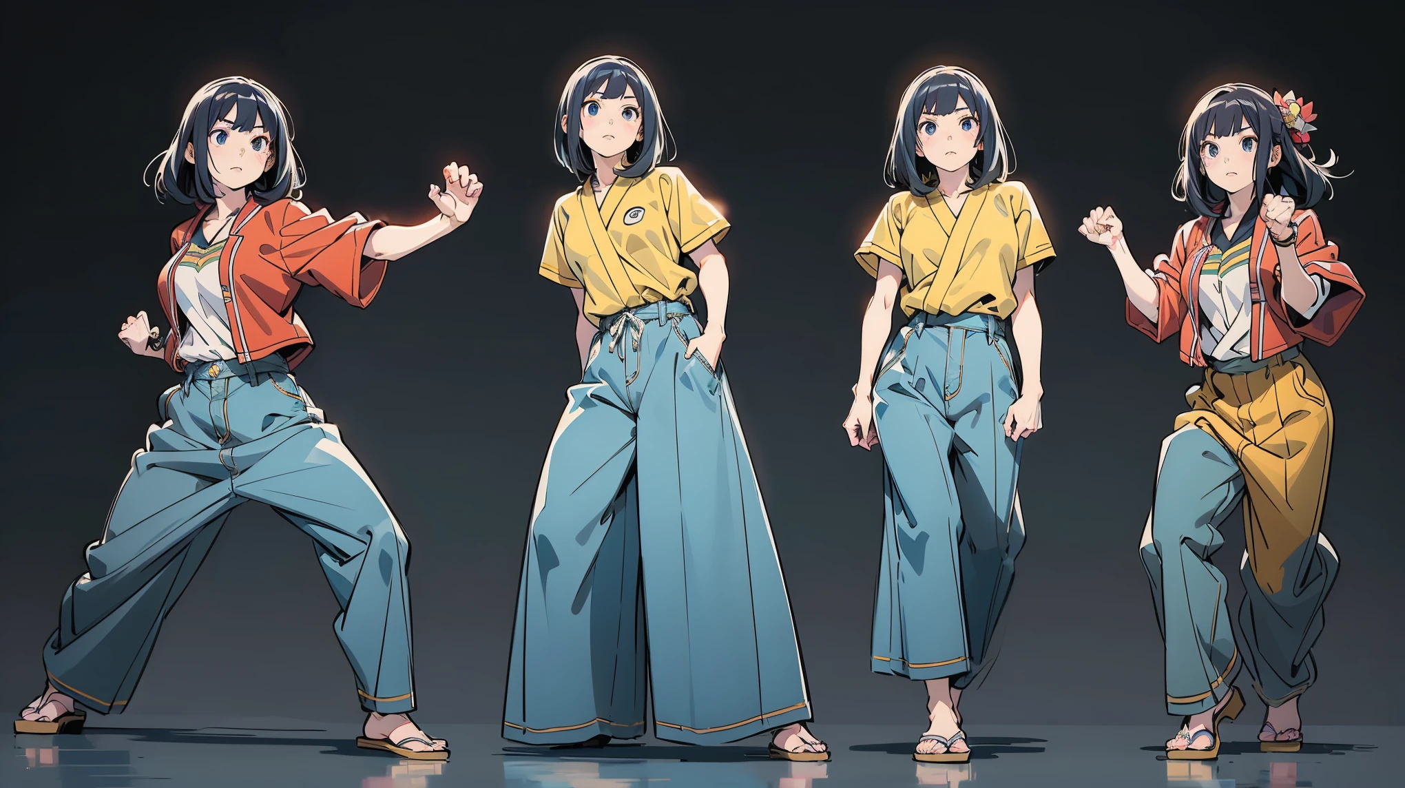 anime bold outline character in yellow flower varsity jacket, jeans pants, doing a karate pose, fighting stance, in japanese anime style, in anime style, misato katsuragi, in an anime style, hinata hyuga, anime style character, hinata hyuga from naruto, female action anime girl, anime style 4 k, japanese anime style, anime style illustration, fighting pose, full body, side view, bright sunny day, fighting expression, right fist hand, left kungfu hand, fix hand gesture, white background